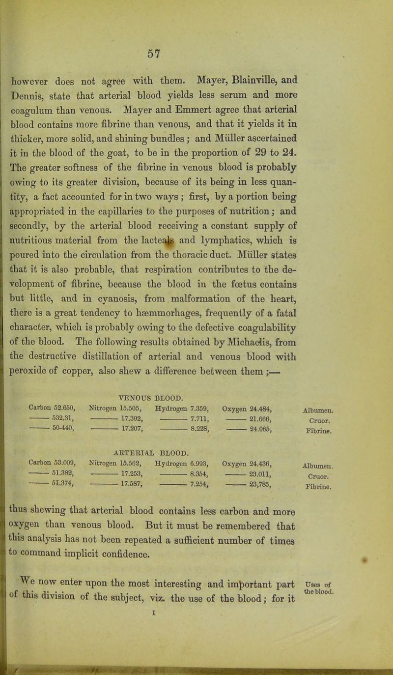 however does not agree with them. Mayer, Blainville, and Dennis, state that arterial blood yields less serum and more coagulum than venous. Mayer and Emmert agree that arterial blood contains more fibrine than venous, and that it yields it in thicker, more solid, and shining bundles; and Miiller ascertained it in the blood of the goat, to be in the proportion of 29 to 24. The greater softness of the fibrine in venous blood is probably owing to its greater division, because of its being in less quan- tity, a fact accounted for in two ways ; first, by a portion being appropriated in the capillaries to the purposes of nutrition; and secondly, by the arterial blood receiving a constant supply of nutritious material from the lacte^ and lymphatics, which is poured into the circulation from the thoracic duct. Miiller states that it is also probable, that respiration contributes to the de- velopment of fibrine, because the blood in the foetus contains but little, and in cyanosis, from malformation of the heart, there is a great tendency to haemmorhages, frequently of a fatal character, which is probably owing to the defective coagulability of the blood. The following results obtained by Michaelis, from the destructive distillation of arterial and venous blood with peroxide of copper, also shew a difference between them;— VENOUS BLOOD. Carbon 52.650, Nitrogen 15.505, Hydrogen 7.359, Oxygen 24.484, Albumen. 532.31, 17.392, 7.711, 21.666, Cruor. 50^40, 17.207, 8.228, 24.065, Fibrine. ARTERIAL BLOOD. Carbon 53.009, Nitrogen 15.562, Hydrogen 6.993, Oxygen 24.436, Albumen 51.382, 17.253, 8.364, 23.011, cruor. 51.374, 17.687, 7.254, 23,785, Rbrfne. thus shewing that arterial blood contains less carbon and more oxygen than venous blood. But it must be remembered that this analysis has not been repeated a suflGicient number of times to command implicit confidence. We now enter upon the most interesting and imJ)ortant part Uses of of this division of the subject, viz. the use of the blood; for it