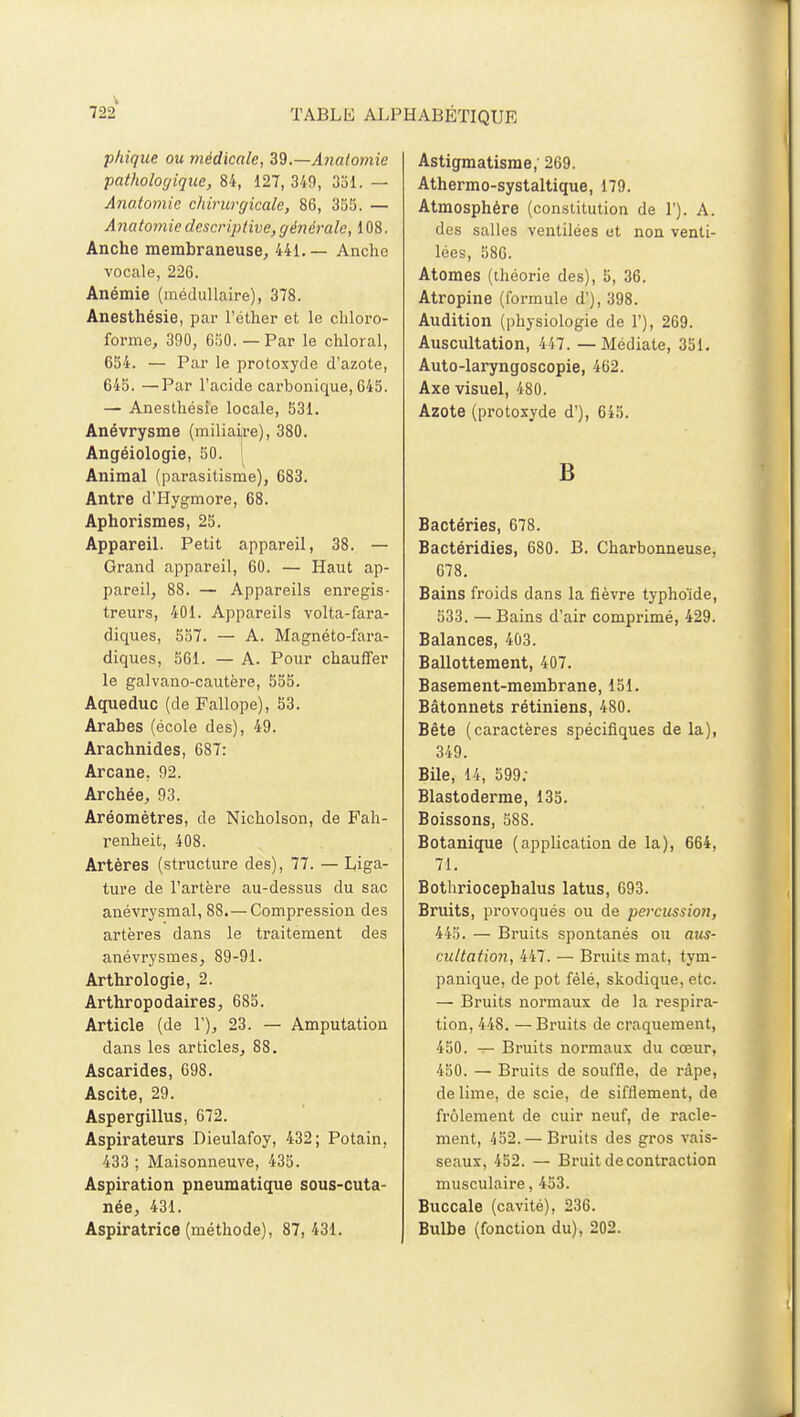 phique ou médicale, Z<è.—Analomic pathologique, 84, 127,349, 331. — Anotomic chirurgicale, 86, 355. — Anatomie descriptive, générale, 108. Anche membraneuse, 441. — Anche vocale, 226. Anémie (médullaire), 378. Anesthésie, par l'éther et le chloro- forme, 390, 650. — Par le chloral, 654. — Par le protoxyde d'azote, 645. —Par l'acide carbonique, 645. — Anesthésie locale, 531. Anévrysme (miliaire), 380. Angéiologie, 50. ! Animal (parasitisme), 683. Antre d'Hygmore, 68. Aphorismes, 25. Appareil. Petit appareil, 38. — Grand appareil, 60. — Haut ap- pareil, 88. — Appareils enregis- treurs, 401. Appareils volta-fara- diques, 557. — A. Magnéto-fara- diques, 561. — A. Pour chauffer le galvano-cautère, 555. Aqueduc (de Fallope), 53. Arabes (école des), 49. Arachnides, 687: Arcane, 92. Archée, 93. Aréomètres, de Nicholson, de Fah- renheit, 408. Artères (structure des), 77. — Liga- ture de l'artère au-dessus du sac anévrysmal, 88.— Compression des artères dans le traitement des anévrysmes, 89-91. Arthrologie, 2. Arthropodaires, 685. Article (de 1'), 23. — Amputation dans les articles, 88. Ascarides, 698. Ascite, 29. Aspergillus, 672. Aspirateurs Dieulafoy, 432; Potain, 433 ; Maisonneuve, 435. Aspiration pneumatique sous-cuta- née, 431. Aspiratrice (méthode), 87,431. Astigmatisme, 269. Athermo-systaltique, 179. Atmosphère (constitution de 1'). A. des salles ventilées et non venti- lées, 586. Atomes (théorie des), 5, 36. Atropine (formule d'), 398. Audition (physiologie de 1'), 269. Auscultation, 447. —Médiate, 351. Auto-laryngoscopie, 462. Axe visuel, 480. Azote (protoxyde d'), 645. B Bactéries, 678. Bactéridies, 680. B. Charbonneuse, 678. Bains froids dans la fièvre typhoïde, 533. — Bains d'air comprimé, 429. Balances, 403. Ballottement, 407. Basement-membrane, 151. Bâtonnets rétiniens, 480. Bête (caractères spécifiques de la), 349. Bile, 14, 599; Blastoderme, 135. Boissons, 588. Botanique (application de la), 664, 71. Bothriocephalus latus, 693. Bruits, provoqués ou de percussion, 445. — Bruits spontanés ou aus- cultation, 447. — Bruits mat, tym- panique, de pot félé, skodique, etc. — Bruits normaux de la respira- tion, 448. —Bruits de craquement, 450. ^- Bruits normaux du cœur, 450. — Bruits de souffle, de râpe, de lime, de scie, de sifflement, de frôlement de cuir neuf, de racle- ment, 452.— Bruits des gros vais- seaux, 452. — Bruit de contraction musculaire, 453. Buccale (cavité), 236. Bulbe (fonction du), 202.
