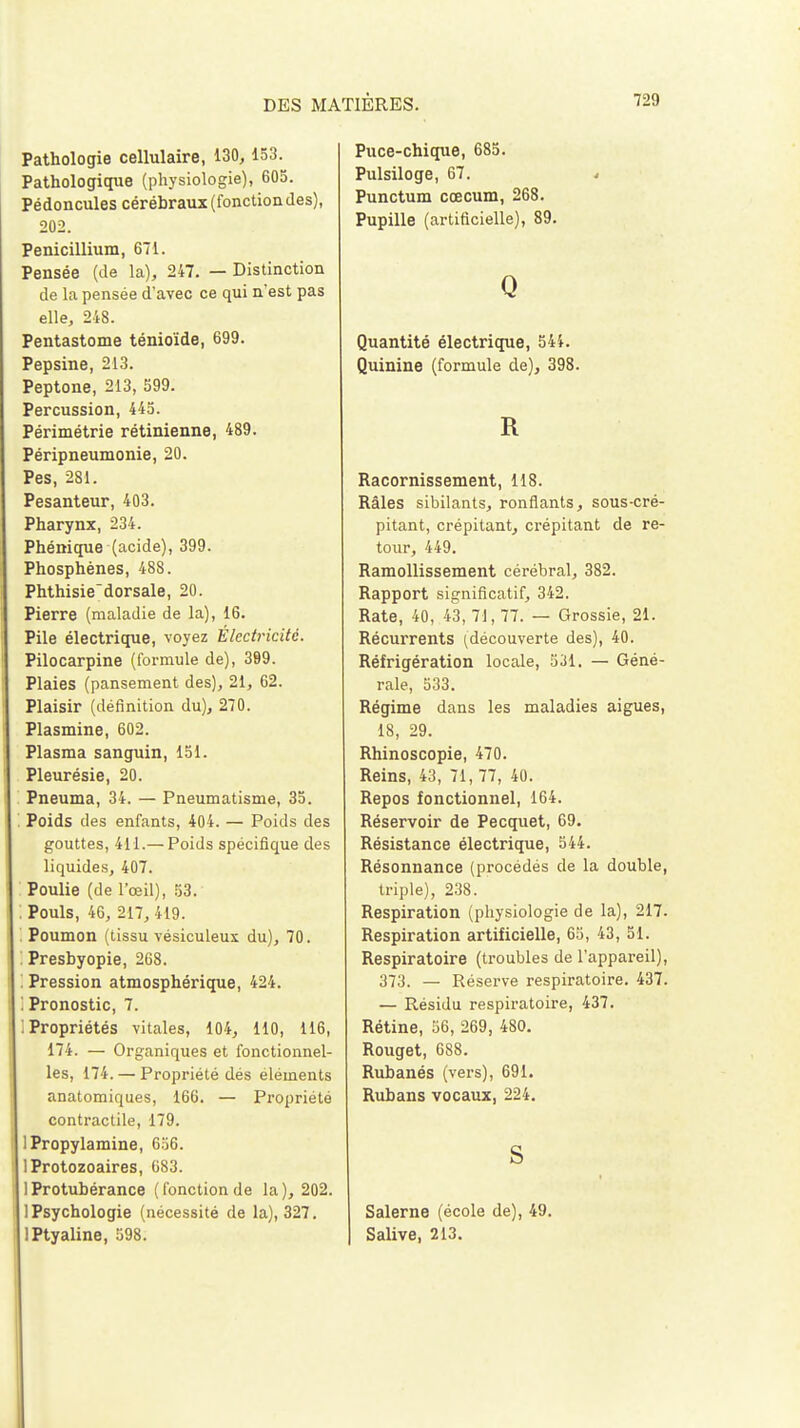 Pathologie cellulaire, 130, 153. Pathologique (physiologie), 605. Pédoncules cérébraux (fonction des), 202. Pénicillium, 671. Pensée (de la), 247. — Distinction de la pensée d'avec ce qui n'est pas elle, 248. Pentastome ténioïde, 699. Pepsine, 213. Peptone, 213, 599. Percussion, 445. Périmétrie rétinienne, 489. Péripneumonie, 20. Pes, 281. Pesanteur, 403. Pharynx, 234. Phénique (acide), 399. Phosphènes, 488. Phthisiedorsale, 20. Pierre (maladie de la), 16. Pile électrique, voyez Électricité. Pilocarpine (formule de), 399. Plaies (pansement des), 21, 62. Plaisir (définition du), 270. Plasmine, 602. Plasma sanguin, 151. Pleurésie, 20. Pneuma, 34. — Pneumatisme, 35. Poids des enfants, 404. — Poids des gouttes, 411.— Poids spécifique des liquides, 407. Poulie (de l'œil), 53. ! Pouls, 46, 217, 419. Poumon (tissu vésiculeux du), 70. Presbyopie, 268. '. Pression atmosphérique, 424. I Pronostic, 7. .Propriétés vitales, 104, 110, 116, 174. — Organiques et fonctionnel- les, 174. — Propriété dés éléments anatomiques, 166. — Propriété contractile, 179. IPropylamine, 656. ] Protozoaires, 683. ]Protubérance (fonctionde la), 202. ] Psychologie (nécessité de la), 327. lPtyaline, 598. Puce-chique, 685. Pulsiloge, 67. > Punctum cœcum, 268. Pupille (artificielle), 89. Q Quantité électrique, 544. Quinine (formule de), 398. R Racornissement, 118. Râles sibilants, ronflants, sous-cré- pitant, crépitant, crépitant de re- tour, 449. Ramollissement cérébral, 382. Rapport significatif, 342. Rate, 40, 43, 71, 77. — Grossie, 21. Récurrents (découverte des), 40. Réfrigération locale, 531. — Géné- rale, 533. Régime dans les maladies aiguës, 18, 29. Rhinoscopie, 470. Reins, 43, 71, 77, 40. Repos fonctionnel, 164. Réservoir de Pecquet, 69. Résistance électrique, 544. Résonnance (procédés de la double, triple), 238. Respiration (physiologie de la), 217. Respiration artificielle, 65, 43, 51. Respiratoire (troubles de l'appareil), 373. — Réserve respiratoire. 437. — Résidu respiratoire, 437. Rétine, 56, 269, 480. Rouget, 688. Rubanés (vers), 691. Rubans vocaux, 224. S Salerne (école de), 49. Salive, 213.
