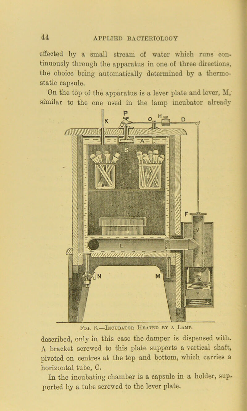 effected by a small stream of water which runs con- tinuously through the apparatus in one of three directions, the choice being automatically determined by a thermo- static capsule. On the top of the apparatus is a lever plate and lever, M, similar to the one used in the lamp incubator already Fig. tr.—Incubator Heated by a Lamp. described, only in this case the damper is dispensed with. A bracket screwed to this plate supports a vertical shaft, pivoted on centres at the top and bottom, which carries a horizontal tube, C. In the incubating chamber is a capsule in a holder, sup- ported by a tube screwed to the lever plate.