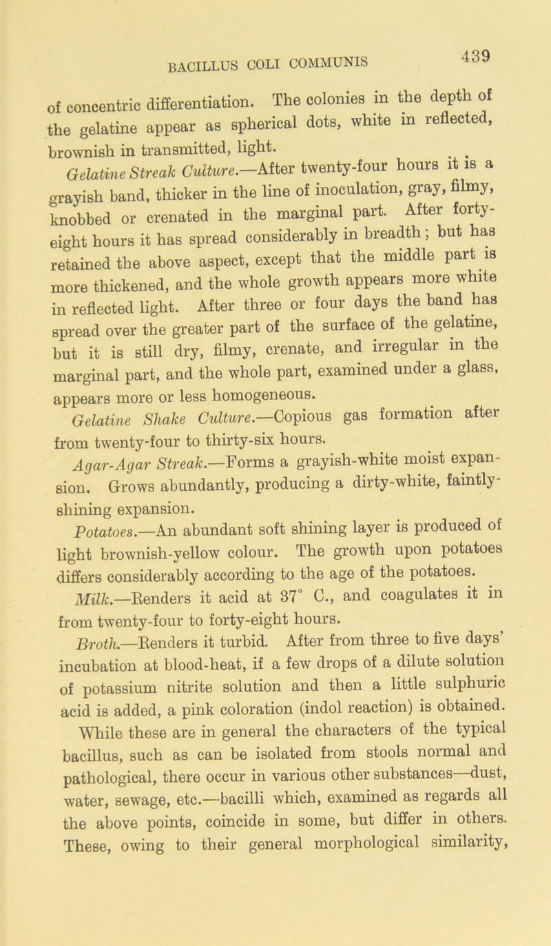 BACILLUS COLI COMMUNIS of concentric differentiation. The colonies in the depth of the gelatine appear as spherical dots, white m reflected, brownish in transmitted, light. ^ ^ Gelatine Streak Culture.—Mter t^enty-iom hours it is a grayish band, thicker in the line of inoculation, gray, fllmy, knobbed or crenated in the marginal part. After forty- eight hours it has spread considerably in breadth; but has retained the above aspect, except that the middle part is more thickened, and the whole growth appears more white m reflected light. After three or four days the band has spread over the greater part of the surface of the gelatine, hut it is still dry, filmy, crenate, and irregular in the marginal part, and the whole part, examined under a glass, appears more or less homogeneous. Gelatine Shake Copious gas formation after from twenty-four to thirty-six hours. Agar-Agar Streak.—¥0111x18 a grayish-white moist expan- sion. Grows abundantly, producing a dirty-white, faintly- shining expansion. Potatoes.—A.X1 abundant soft shining layer is produced of light brownish-yellow colour. The growth upon potatoes differs considerably according to the age of the potatoes. Milk.—Benders it acid at 37° C., and coagulates it in from twenty-four to forty-eight hours. Broth.—Benders it turbid. After from three to five days’ incubation at blood-heat, if a few drops of a dilute solution of potassium nitrite solution and then a little sulphuric acid is added, a pink coloration (indol reaction) is obtained. While these are in general the characters of the typical bacillus, such as can be isolated from stools normal and pathological, there occur in various other substances duet, water, sewage, etc.—bacilli which, examined as regards all the above points, coincide in some, but differ in others. These, owing to their general morphological similarity.