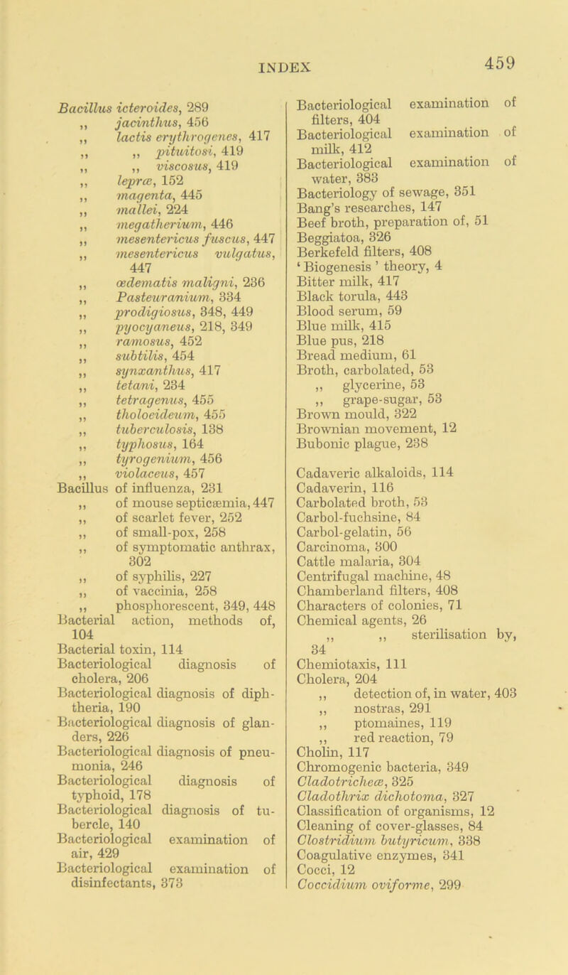 Bacillus icteroides, 289 jacinthus, 456 lactis erythrogenes, 417 ,, pituitosi, 419 ,, viscosus, 419 leprcB, 152 magenta, 445 ■mallei, 224 megatliei-ium, 446 mesentericus fusem, 447 ■mesentericus vidgatus, 447 oedernatis maligni, 236 Pasteuranium, 334 prodigiosios, 348, 449 pyocyaneus, 218, 349 ramosus, 452 suhtilis, 454 synxantlms, 417 tetani, 234 tetragenus, 455 tholoeideum, 455 tuberculosis, 138 typhosus, 164 tyrogenium, 456 violaceus, 457 Bacillus of influenza, 231 of mouse septicsemia, 447 of scarlet fever, 252 of small-pox, 258 of symptomatic anthrax, 302 of syphilis, 227 of vaccinia, 258 phosphorescent, 349, 448 Bacterial action, methods of, 104 Bacterial toxin, 114 Bacteriological diagnosis of cholera, 206 Baeteriological diagnosis of diph- theria, 190 Bacteriological diagnosis of glan- ders, 226 Baeteriological diagnosis of pneu- monia, ^6 Bacteriological diagnosis of tjT>hoid, 178 Bacteriological diagnosis of tu- bercle, 140 Bacteriological examination of air, 429 Bacteriological examination of disinfectants, 373 Bacteriological examination of filters, 404 Bacteriological examination of milk, 412 Bacteriological examination of water, 383 Bacteriology of sewage, 351 Bang’s researches, 147 Beef broth, preparation of, 51 Beggiatoa, 326 Berkefeld filters, 408 ‘ Biogenesis ’ theory, 4 Bitter milk, 417 Black torula, 443 Blood serum, 59 Blue milk, 415 Blue pus, 218 Bread medium, 61 Broth, carbolated, 53 ,, glycerine, 53 ,, grape-sugar, 53 Brown mould, 322 Brownian movement, 12 Bubonic plague, 238 Cadaveric alkaloids, 114 Cadaverin, 116 Carbolated broth, 53 Carbol-fuchsine, 84 Carbol-gelatin, 56 Carcinoma, 300 Cattle malaria, 304 Centrifugal machine, 48 Chamberland filters, 408 Characters of colonies, 71 Chemical agents, 26 „ ,, sterilisation by, 34 Chemiotaxis, 111 Cholera, 204 „ detection of, in water, 403 ,, nostras, 291 ,, ptomaines, 119 ,, red reaction, 79 Cholin, 117 Chromogenic bacteria, 349 CladotricliecB, 325 Cladothrix dichotoma, 327 Classification of organisms, 12 Cleaning of cover-glasses, 84 Clostridium hutyricum, 338 Coagulative enzymes, 341 Cocci, 12 Coccidium oviforme, 299