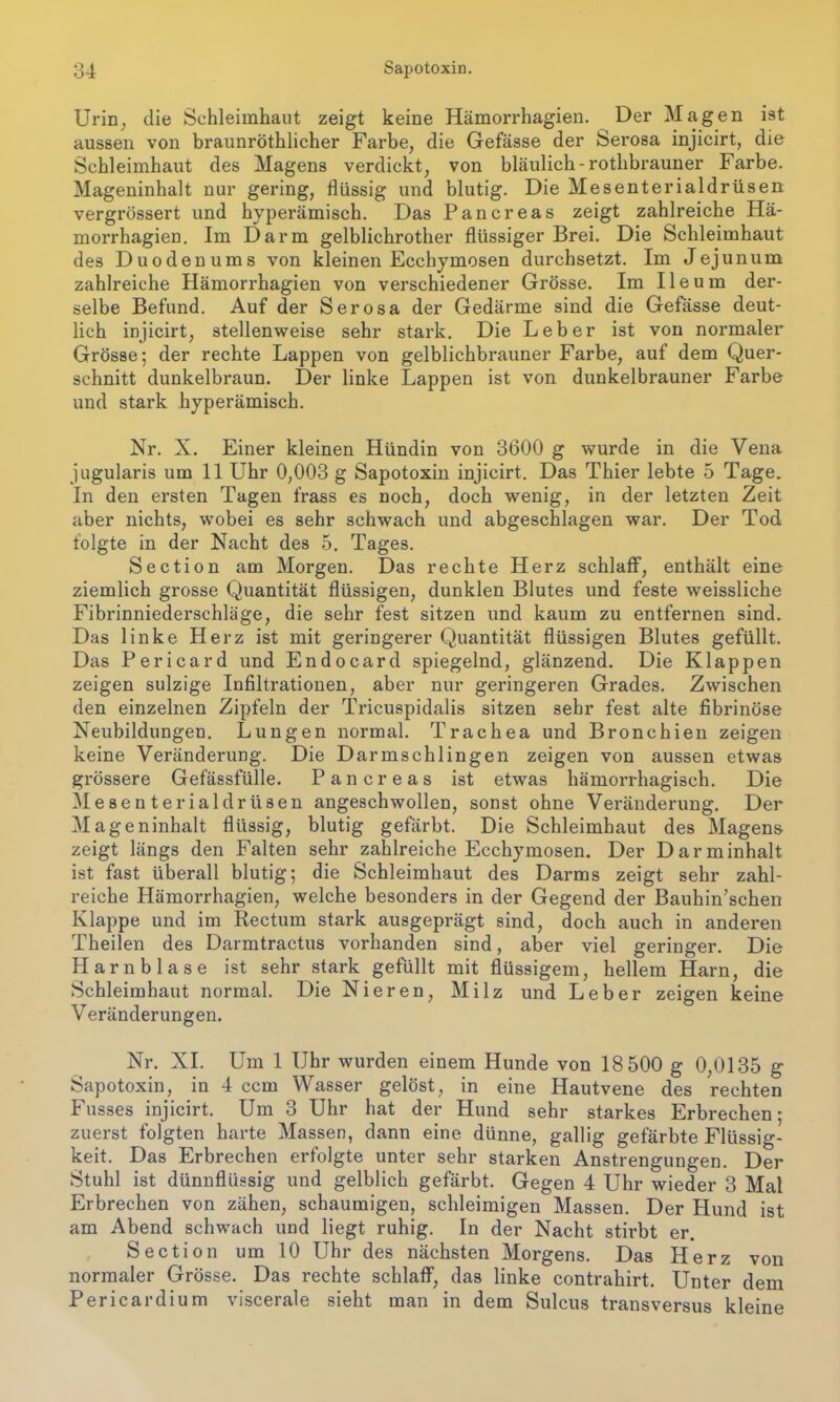 Urin, die Schleimhaut zeigt keine Hämorrhagien. Der Magen ist aussen von braunröthlicher Farbe, die Gefässe der Serosa injicirt, die Schleimhaut des Magens verdickt, von bläulich - rothbrauner Farbe. Mageninhalt nur gering, flüssig und blutig. Die Mesenterialdrüsen vergrössert und hyperämisch. Das Pancreas zeigt zahlreiche Hä- morrhagien. Im Darm gelblichrother flüssiger Brei. Die Schleimhaut des Duodenums von kleinen Ecchymosen durchsetzt. Im Jejunum zahlreiche Hämorrhagien von verschiedener Grösse. Im Ileum der- selbe Befund. Auf der Serosa der Gedärme sind die Gefässe deut- lich injicirt, stellenweise sehr stark. Die Leber ist von normaler Grösse; der rechte Lappen von gelblichbrauner Farbe, auf dem Quer- schnitt dunkelbraun. Der linke Lappen ist von dunkelbrauner Farbe und stark hyperämisch. Nr. X. Einer kleinen Hündin von 3600 g wurde in die Vena jugularis um 11 Uhr 0,003 g Sapotoxin injicirt. Das Thier lebte 5 Tage. In den ersten Tagen frass es noch, doch wenig, in der letzten Zeit aber nichts, wobei es sehr schwach und abgeschlagen war. Der Tod folgte in der Nacht des 5. Tages. Section am Morgen. Das rechte Herz schlaff, enthält eine ziemlich grosse Quantität flüssigen, dunklen Blutes und feste weissliche Fibrinniederschläge, die sehr fest sitzen und kaum zu entfernen sind. Das linke Herz ist mit geringerer Quantität flüssigen Blutes gefüllt. Das Pericard und Endocard spiegelnd, glänzend. Die Klappen zeigen sulzige Infiltrationen, aber nur geringeren Grades. Zwischen den einzelnen Zipfeln der Tricuspidalis sitzen sehr fest alte fibrinöse Neubildungen. Lungen normal. Trachea und Bronchien zeigen keine Veränderung. Die Darmschlingen zeigen von aussen etwas grössere Gefässfülle. Pancreas ist etwas hämorrhagisch. Die Mesenterialdrüsen angeschwollen, sonst ohne Veränderung. Der Mageninhalt flüssig, blutig gefärbt. Die Schleimhaut des Magens zeigt längs den Falten sehr zahlreiche Ecchymosen. Der Darminhalt ist fast überall blutig; die Schleimhaut des Darms zeigt sehr zahl- reiche Hämorrhagien, welche besonders in der Gegend der Bauhin’schen Klappe und im Rectum stark ausgeprägt sind, doch auch in anderen Theilen des Darmtractus vorhanden sind, aber viel geringer. Die Harnblase ist sehr stark gefüllt mit flüssigem, hellem Harn, die Schleimhaut normal. Die Nieren, Milz und Leber zeigen keine Veränderungen. Nr. XI. Um 1 Uhr wurden einem Hunde von 18 500 g 0,0135 g Sapotoxin, in 4 ccm Wasser gelöst, in eine Hautvene des rechten Fusses injicirt. Um 3 Uhr hat der Hund sehr starkes Erbrechen; zuerst folgten harte Massen, dann eine dünne, gallig gefärbte Flüssig- keit. Das Erbrechen erfolgte unter sehr starken Anstrengungen. Der Stuhl ist dünnflüssig und gelblich gefärbt. Gegen 4 Uhr wieder 3 Mal Erbrechen von zähen, schaumigen, schleimigen Massen. Der Hund ist am Abend schwach und liegt ruhig. In der Nacht stirbt er. Section um 10 Uhr des nächsten Morgens. Das Herz von normaler Grösse. Das rechte schlaff, das linke contrahirt. Unter dem Pericardium viscerale sieht man in dem Sulcus transversus kleine