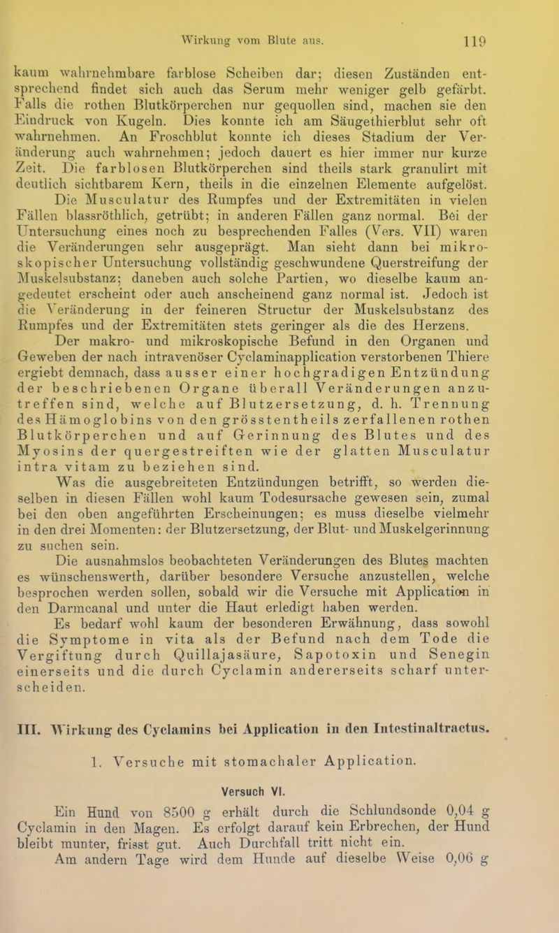 kaum wahrnehmbare farblose Scheiben dar; diesen Zuständen ent- sprechend findet sich auch das Serum mehr weniger gelb gefärbt. Falls die rothen Blutkörperchen nur gequollen sind, machen sie den Eindruck von Kugeln. Dies konnte ich am Säugethierblut sehr oft wahrnehmen. An Froschblut konnte ich dieses Stadium der Ver- änderung auch wahrnehmen; jedoch dauert es hier immer nur kurze Zeit. Die farblosen Blutkörperchen sind theils stark granulirt mit deutlich sichtbarem Kern, theils in die einzelnen Elemente aufgelöst. Die Musculatur des Rumpfes und der Extremitäten in vielen Fällen blassröthlich, getrübt; in anderen Fällen ganz normal. Bei der Untersuchung eines noch zu besprechenden Falles (Vers. VII) waren die Veränderungen sehr ausgeprägt. Man sieht dann bei mikro- skopischer Untersuchung vollständig geschwundene Querstreifung der Muskelsubstanz; daneben auch solche Partien, wo dieselbe kaum an- gedeutet erscheint oder auch anscheinend ganz normal ist. Jedoch ist die Veränderung in der feineren Structur der Muskelsubstanz des Rumpfes und der Extremitäten stets geringer als die des Herzens. Der makro- und mikroskopische Befund in den Organen und Geweben der nach intravenöser Cyclaminapplication verstorbenen Thiere ergiebt demnach, dass ausser einer hochgradigenEntzündung der beschriebenen Organe überall Veränderungen anzu- treffen sind, welche auf Blutzersetzung, d. h. Trennung des Hämoglobins von den grösstentheils zerfallenen rothen Blutkörperchen und auf Gerinnung des Blutes und des Myosins der quergestreiften wie der glatten Musculatur intra vitam zu beziehen sind. Was die ausgebreiteten Entzündungen betrifft, so werden die- selben in diesen Fällen wohl kaum Todesursache gewesen sein, zumal bei den oben angeführten Erscheinungen; es muss dieselbe vielmehr in den drei Momenten: der Blutzersetzung, der Blut- und Muskelgerinnung zu suchen sein. Die ausnahmslos beobachteten Veränderungen des Blutes machten es wünschenswerth, darüber besondere Versuche anzustellen, welche besprochen werden sollen, sobald wir die Versuche mit Application in den Darmcanal und unter die Haut erledigt haben werden. Es bedarf wohl kaum der besonderen Erwähnung, dass sowohl die Symptome in vita als der Befund nach dem Tode die Vergiftung durch Quillaj asäure, Sapotoxin und Senegin einerseits und die durch Cyclamin andererseits scharf unter- scheiden. III. Wirkung des Cyclamins bei Application in den Intestinaltractus. 1. Versuche mit stomachaler Application. Versuch VI. Ein Hund von 8500 g erhält durch die Schlundsonde 0,04 g Cyclamin in den Magen. Es erfolgt darauf kein Erbrechen, der Hund bleibt munter, frisst gut. Auch Durchfall tritt nicht ein. Am andern Tage wird dem Hunde auf dieselbe Weise 0,06 g