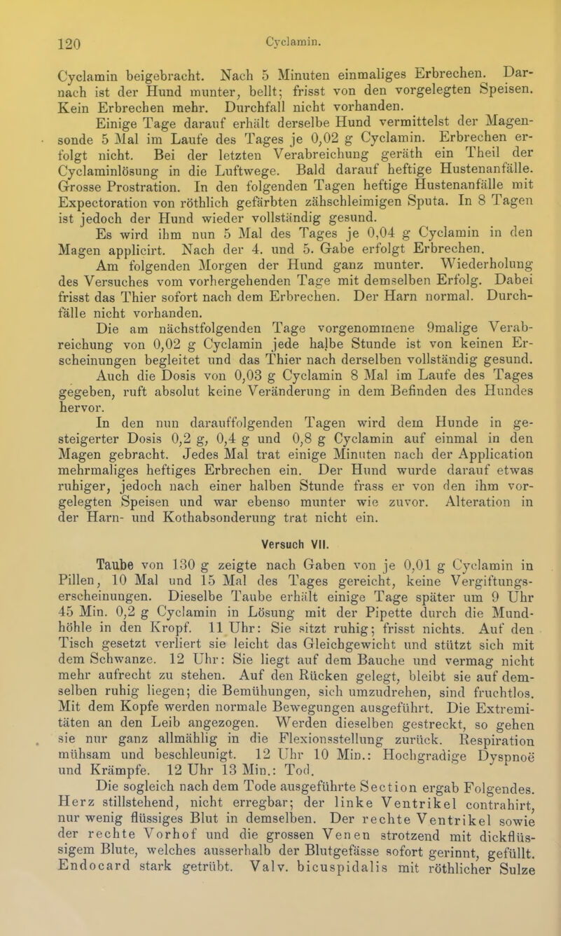 Cyclamin beigebracht. Nach 5 Minuten einmaliges Erbrechen^ Dar- nach ist der Hund munter, bellt; frisst von den vorgelegten Speisen. Kein Erbrechen mehr. Durchfall nicht vorhanden. Einige Tage darauf erhält derselbe Hund vermittelst der Magen- sonde 5 Mal im Laufe des Tages je 0,02 g Cyclamin. Erbrechen er- folgt nicht. Bei der letzten Verabreichung geräth ein Iheil der Cyclaminlösung in die Luftwege. Bald darauf heftige Hustenanfälle. Grosse Prostration. In den folgenden Tagen heftige Hustenanfälle mit Expectoration von röthlich gefärbten zähschleimigen Sputa. In 8 T agen ist jedoch der Hund wieder vollständig gesund. Es wird ihm nun 5 Mal des Tages je 0,04 g Cyclamin in den Magen applicirt. Nach der 4. und 5. Gabe erfolgt Erbrechen. Am folgenden Morgen der Hund ganz munter. Wiederholung des Versuches vom vorhergehenden Tage mit demselben Erfolg. Dabei frisst das Thier sofort nach dem Erbrechen. Der Harn normal. Durch- fälle nicht vorhanden. Die am nächstfolgenden Tage vorgenommene Omalige Verab- reichung von 0,02 g Cyclamin jede halbe Stunde ist von keinen Er- scheinungen begleitet und das Thier nach derselben vollständig gesund. Auch die Dosis von 0,03 g Cyclamin 8 Mal im Laufe des Tages gegeben, ruft absolut keine Veränderung in dem Befinden des Hundes hervor. In den nun darauffolgenden Tagen wird dem Hunde in ge- steigerter Dosis 0,2 g, 0,4 g und 0,8 g Cyclamin auf einmal in den Magen gebracht. Jedes Mal trat einige Minuten nach der Application mehrmaliges heftiges Erbrechen ein. Der Hund wurde darauf etwas ruhiger, jedoch nach einer halben Stunde frass er von den ihm vor- gelegten Speisen und war ebenso munter wie zuvor. Alteration in der Harn- und Kothabsonderung trat nicht ein. Versuch VII. Taube von 130 g zeigte nach Gaben von je 0,01 g Cyclamin in Pillen, 10 Mal und 15 Mal des Tages gereicht, keine Vergiftungs- erscheinungen. Dieselbe Taube erhält einige Tage später um 9 Uhr 45 Min. 0,2 g Cyclamin in Lösung mit der Pipette durch die Mund- höhle in den Kropf. 11 Uhr: Sie sitzt ruhig; frisst nichts. Auf den Tisch gesetzt verliert sie leicht das Gleichgewicht und stützt sich mit dem Schwänze. 12 Uhr: Sie liegt auf dem Bauche und vermag nicht mehr aufrecht zu stehen. Auf den Rücken gelegt, bleibt sie auf dem- selben ruhig liegen; die Bemühungen, sich umzudrehen, sind fruchtlos. Mit dem Kopfe werden normale Bewegungen ausgeführt. Die Extremi- täten an den Leib angezogen. Werden dieselben gestreckt, so gehen sie nur ganz allmählig in die Flexionsstellung zurück. Respiration mühsam und beschleunigt. 12 Uhr 10 Min.: Hochgradige Dyspnoe und Krämpfe. 12 Uhr 13 Min.: Tod. Die sogleich nach dem Tode ausgeführte Section ergab Folgendes. Herz stillstehend, nicht erregbar; der linke Ventrikel contrahirt nur wenig flüssiges Blut in demselben. Der rechte Ventrikel sowie der rechte Vorhof und die grossen Venen strotzend mit dickflüs- sigem Blute, welches ausserhalb der Blutgefässe sofort gerinnt, gefüllt. Endocard stark getrübt. Valv. bicuspidalis mit röthlicher Sülze