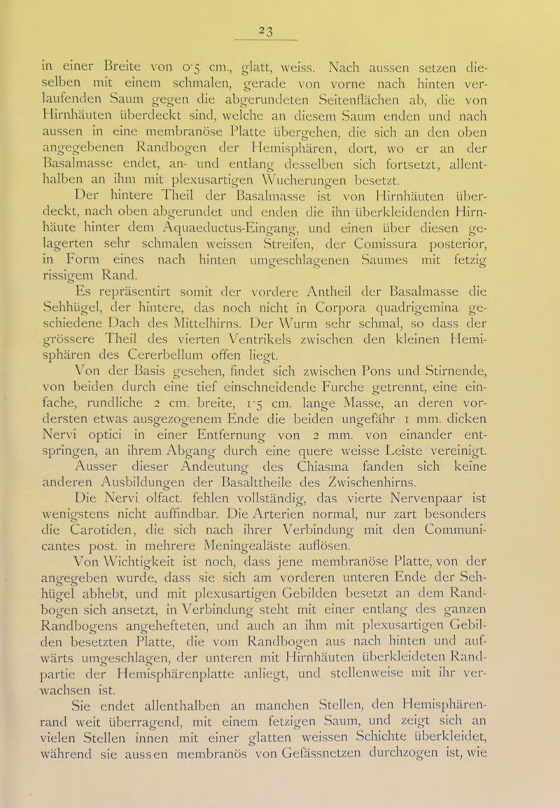 in einer Breite von 0 5 cm., glatt, weiss. Nach aussen setzen die- selben mit einem schmalen, gerade von vorne nach hinten ver- laufenden Saum gegen die abgerundeten Seitenflächen ab, die von Hirnhäuten überdeckt sind, welche an diesem Saum enden und nach aussen in eine membranöse Platte übergehen, die sich an den oben angegebenen Randbogen der Hemisphären, dort, wo er an der Basalmasse endet, an- und entlang desselben sich fortsetzt, allent- halben an ihm mit plexusartigen Wucherungen besetzt. Der hintere 1 heil der Basalmasse ist von Hirnhäuten über- deckt, nach oben abgerundet und enden die ihn überkleidenden Hirn- häute hinter dem Aquaeductus-Eingang, und einen über diesen ge- lagerten sehr schmalen weissen Streifen, der Comissura posterior, in Form eines nach hinten umgeschlagenen Saumes mit fetzig o o o rissigem Rand. Es repräsentirt somit der vordere Antheil der Basalmasse die Sehhügel, der hintere, das noch nicht in Corpora quadrigemina ge- schiedene Dach des Mittelhirns. Der Wurm sehr schmal, so dass der grössere Theil des vierten Ventrikels zwischen den kleinen Hemi- Sphären des Cererbellum offen liegt. Von der Basis gesehen, findet sich zwischen Pons und Stirnende, von beiden durch eine tief einschneidende Furche getrennt, eine ein- fache, rundliche 2 cm. breite, 1-5 cm. lange Masse, an deren vor- dersten etwas ausgezogenem Ende die beiden ungefähr 1 mm. dicken 00 o Nervi optici in einer Entfernung von 2 mm. von einander ent- springen, an ihrem Abgang durch eine quere weisse Leiste vereinigt. Ausser dieser Andeutung des Chiasma fanden sich keine anderen Ausbildungen der Basalttheile des Zwischenhirns. Die Nervi olfact. fehlen vollständig, das vierte Nervenpaar ist wenigstens nicht auffindbar. Die Arterien normal, nur zart besonders die Carotiden, die sich nach ihrer Verbindung mit den Communi- cantes post, in mehrere Meningealäste auflösen. Von Wichtigkeit ist noch, dass jene membranöse Platte, von der angegeben wurde, dass sie sich am vorderen unteren Ende der Seh- hiigel abhebt, und mit plexusartigen Gebilden besetzt an dem Rand- bogen sich ansetzt, in Verbindung steht mit einer entlang des ganzen Randbogens angehefteten, und auch an ihm mit plexusartigen Gebil- den besetzten Platte, die vom Randbogen aus nach hinten und auf- wärts umgeschlagen, der unteren mit Hirnhäuten überkleideten Rand- partie der Hemisphärenplatte anliegt, und stellenweise mit ihr ver- wachsen ist. Sie endet allenthalben an manchen Stellen, den Hemisphären- rand weit überragend, mit einem fetzigen Saum, und zeigt sich an vielen Stellen innen mit einer glatten weissen Schichte überkleidet, während sie aussen membranös von Gefässnetzen durchzogen ist, wie