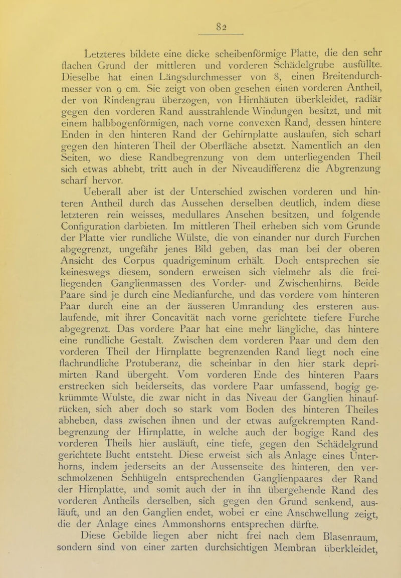 Letzteres bildete eine dicke scheibenförmige Platte, die den sehr flachen Grund der mittleren und vorderen Schädelgrube ausfüllte. Dieselbe hat einen Längsdurchmesser von 8, einen Breitendurch- messer von 9 cm. Sie zeigt von oben gesehen einen vorderen Antheil, der von Rindengrau überzogen, von Hirnhäuten überkleidet, radiär gegen den vorderen Rand ausstrahlende Windungen besitzt, und mit einem halbbogenförmigen, nach vorne convexen Rand, dessen hintere Enden in den hinteren Rand der Gehirnplatte auslaufen, sich schart o-e£en den hinteren Theil der Oberfläche absetzt. Namentlich an den o o Seiten, wo diese Randbeorenzuno- von dem unterliegenden 1 heil sich etwas abhebt, tritt auch in der Niveaudifferenz die Abgrenzung scharf hervor. Ueberall aber ist der Unterschied zwischen vorderen und hin- teren Antheil durch das Aussehen derselben deutlich, indem diese letzteren rein weisses, medulläres Ansehen besitzen, und folgende Confio-nration darbieten. Im mittleren Theil erheben sich vom Grunde o der Platte vier rundliche Wülste, die von einander nur durch Furchen abgegrenzt, ungefähr jenes Bild geben, das man bei der oberen Ansicht des Corpus quadrigeminum erhält. Doch entsprechen sie keineswegs diesem, sondern erweisen sich vielmehr als die frei- liegenden Gano-lienmassen des Vorder- und Zwischenhirns. Beide Paare sind je durch eine Medianfurche, und das vordere vom hinteren Paar durch eine an der äusseren Umrandung des ersteren aus- laufende, mit ihrer Concavität nach vorne gerichtete tiefere Furche abgegrenzt. Das vordere Paar hat eine mehr längliche, das hintere eine rundliche Gestalt. Zwischen dem vorderen Paar und dem den vorderen Theil der Hirnplatte begrenzenden Rand liegt noch eine flachrundliche Protuberanz, die scheinbar in den hier stark depri- mirten Rand übergeht. Vom vorderen Ende des hinteren Paars erstrecken sich beiderseits, das vordere Paar umfassend, boo-R o-e- krümmte Wulste, die zwar nicht in das Niveau der Ganelien hinauf- rücken, sich aber doch so stark vom Boden des hinteren Theiles abheben, dass zwischen ihnen und der etwas aufgekrempten Rand- begrenzung der Hirnplatte, in welche auch der bogige Rand des vorderen Theils hier ausläuft, eine tiefe, gegen den Schädelgrund gerichtete Bucht entsteht. Diese erweist sich als Anlage eines Unter- horns, indem jederseits an der Aussenseite des hinteren, den ver- schmolzenen Sehhügeln entsprechenden Ganglienpaares der Rand der Hirnplatte, und somit auch der in ihn übergehende Rand des vorderen Antheils derselben, sich gegen den Grund senkend, aus- läuft, und an den Ganglien endet, wobei er eine Anschwellung zeRt, die der Anlage eines Ammonshorns entsprechen dürfte. Diese Gebilde liegen aber nicht frei nach dem Blasenraum, sondern sind von einer zarten durchsichtigen Membran überkleidet,