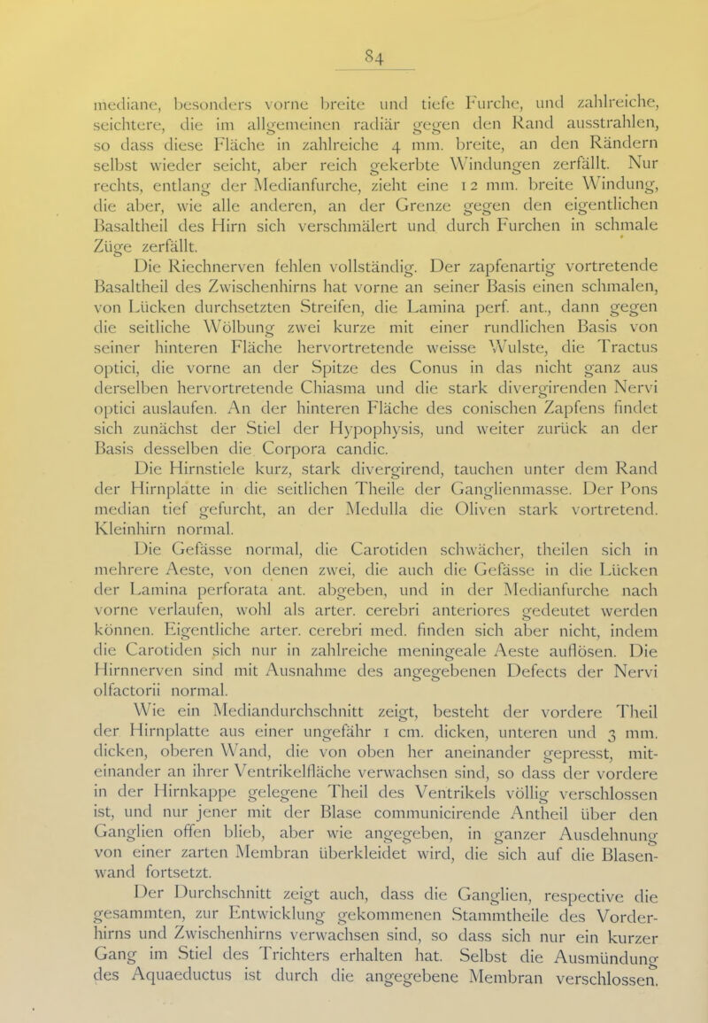 mediane, besonders vorne breite und tiefe Furche, und zahlreiche, seichtere, die im allgemeinen radiär gegen den Rand ausstrahlen so dass diese Fläche in zahlreiche 4 mm. breite, an den Rändern selbst wieder seicht, aber reich gekerbte Windungen zerfällt. Nur rechts, entlang der Medianfurche, zieht eine 1 2 mm. breite Windung, die aber, wie alle anderen, an der Grenze gegen den eigentlichen Basaltheil des Hirn sich verschmälert und durch Furchen in schmale Züge zerfällt. Die Riechnerven fehlen vollständig. Der zapfenartig vortretende Basaltheil des Zwischenhirns hat vorne an seiner Basis einen schmalen, von Lücken durchsetzten Streifen, die Lamina perf. ant., dann gegen die seitliche Wölbung zwei kurze mit einer rundlichen Basis von o seiner hinteren Fläche hervortretende weisse Wulste, die Tractus optici, die vorne an der Spitze des Conus in das nicht ganz aus derselben hervortretende Chiasma und die stark divergirenden Nervi optici auslaufen. An der hinteren Fläche des conischen Zapfens findet sich zunächst der Stiel der Hypophysis, und weiter zurück an der Basis desselben die Corpora candic. Die Hirnstiele kurz, stark divergirend, tauchen unter dem Rand der Hirnplatte in die seitlichen Theile der Ganglienmasse. Der Pons median tief gefurcht, an der Medulla die Oliven stark vortretend. Kleinhirn normal. Die Gefässe normal, die Carotiden schwächer, theilen sich in mehrere Aeste, von denen zwei, die auch die Gefässe in die Lücken der Lamina perforata ant. abgeben, und in der Medianfurche nach vorne verlaufen, wohl als arter. cerebri anteriores gedeutet werden können. Eigentliche arter. cerebri med. finden sich aber nicht, indem die Carotiden sich nur in zahlreiche meningeale Aeste auflösen. Die Hirnnerven sind mit Ausnahme des angegebenen Defects der Nervi o o olfactorii normal. Wie ein Mediandurchschnitt zeigt, besteht der vordere Theil der Hirnplatte aus einer ungefähr 1 cm. dicken, unteren und 3 mm. dicken, oberen Wand, die von oben her aneinander gepresst, mit- einander an ihrer Ventrikelfläche verwachsen sind, so dass der vordere in der Hirnkappe gelegene Theil des Ventrikels völlig verschlossen ist, und nur jener mit der Blase communicirende Antheil über den Ganglien offen blieb, aber wie angegeben, in ganzer Ausdehnung von einer zarten Membran überkleidet wird, die sich auf die Blasen- wand fortsetzt. Der Durchschnitt zeigt auch, dass die Ganglien, respective die gesammten, zur Entwicklung gekommenen Stammtheile des Vorder- hirns und Zwischenhirns verwachsen sind, so dass sich nur ein kurzer Gang im Stiel des Trichters erhalten hat. Selbst die Ausmündung des Aquaeductus ist durch die angegebene Membran verschlossen.