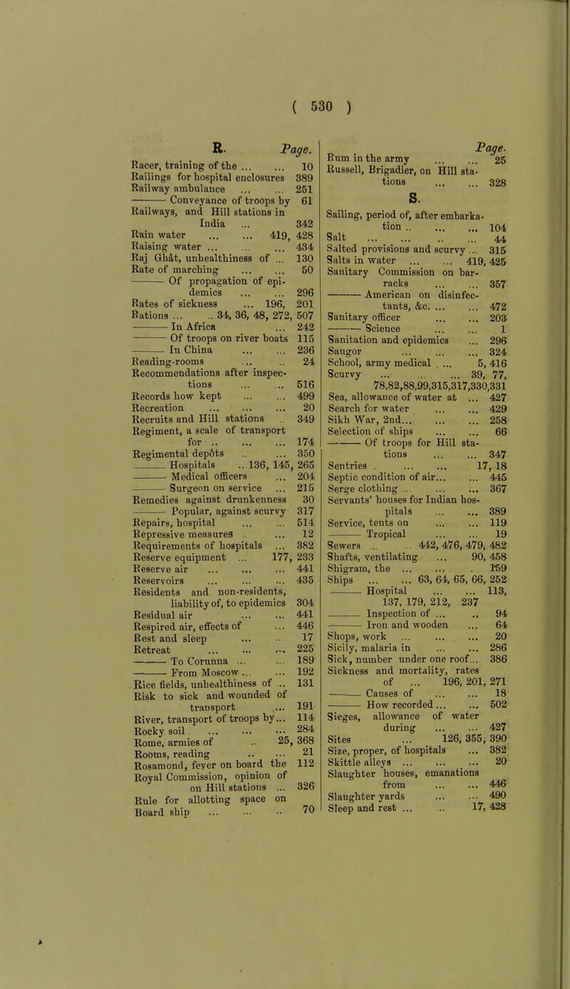 R. Page. Racer, training of the 10 Railings for hospital enclosures 389 Railway ambulance ... ... 251 Conveyance of troops by 61 Railways, and Hill stations in India ... 342 Rain water 419, 428 Raising water ... ... ... 434 Raj Gh&t, unhealthiness of ... 130 Rate of marching 50 Of propagation of epi- demics 296 Rates of sickness ... 196, 201 Rations ... .. 34, 36, 48, 272, 507 In Africa ... 242 Of troops on river boats 115 In China 236 Reading-rooms ... ... 24 Recommendations after inspec- tions ... ... 516 Records how kept ... ... 499 Recreation ... ... ... 20 Recruits and Hill stations 349 Regiment, a scale of transport for .. ... ... 174 Regimental depots ,. ... 350 Hospitals ...136, 145, 265 Medical officers ... 204 Surgeon on service ... 215 Remedies against drunkenness 30 Popular, against scurvy 317 Repairs, hospital ... ... 514 Repressive measures .. ... 12 Requirements of hospitals ... 382 Reserve equipment ... 177, 233 Reserve air ... ... ... 441 Reservoirs ... ... ... 435 Residents and non-residents, liability of, to epidemics 304 Residual air ... ... 441 Respired air, effects of ... 446 Rest and sleep ... •• 17 Retreat ... ... ... 225 To Corunna ... ... 189 From Moscow 192 Rice fields, unhealthiness of .. 131 Risk to sick and wounded of transport ... 191 River, transport of troops by... 114 Rocky soil 284 Rome, armies of •• 25, 368 Rooms, reading 21 Rosamond, feyer on board the 112 Royal Commission, opinion of on Hill stations ... Rule for allotting space on Board ship ... ••• •• ^0 326 Page. Rum in the army 25 Russell, Brigadier, on Hill sta- tions 328 s. Sailing, period of, after embarka- tion 104 Salt ... ... ... ... 44 Salted provisions and scurvy ... 315 Salts in water 419,425 Sanitary Commission on bar- racks 357 American on disinfec- tants, &c 472 Sanitary officer 203 Science 1 Sanitation and epidemics ... 296 Saugor 324 School, army medical ... 5, 416 Scurvy ... 39, 77, 78,82,88,99,315,317,330,331 Sea, allowance of water at ... 427 Search for water ... ... 429 Sikh War, 2nd... ... ... 258 Selection of ships ... ... 66 — Of troops for Hill sta- tions 347 Sentries . 17, 18 Septic condition of air 445 Serge clothing ... 367 Servants’ houses for Indian hos- pitals 389 Service, tents on ... ... 119 Tropical ... ... 19 Sewers ... ... 442, 476, 479, 482 Shafts, ventilating ... 90, 458 Shigram, the ... ... . 159 Ships ... ... 63, 64, 65, 66, 252 Hospital 113, 137, 179, 212, 237 Inspection of ... .. 94 Iron and wooden ... 64 Shops, work ... ... ... 20 Sicily, malaria in ... ... 286 Sick, number under one roof... 386 Sickness and mortality, rates of ... 196, 201, 271 Causes of 18 How recorded ... ... 502 Sieges, allowance of water during 427 Sites ... 126, 355, 390 Size, proper, of hospitals ... 382 Skittle alleys ... ... _ ... 20 Slaughter houses, emanations from ... ... 448 Slaughter yards 490 Sleep and rest ... ... 17, 428 *