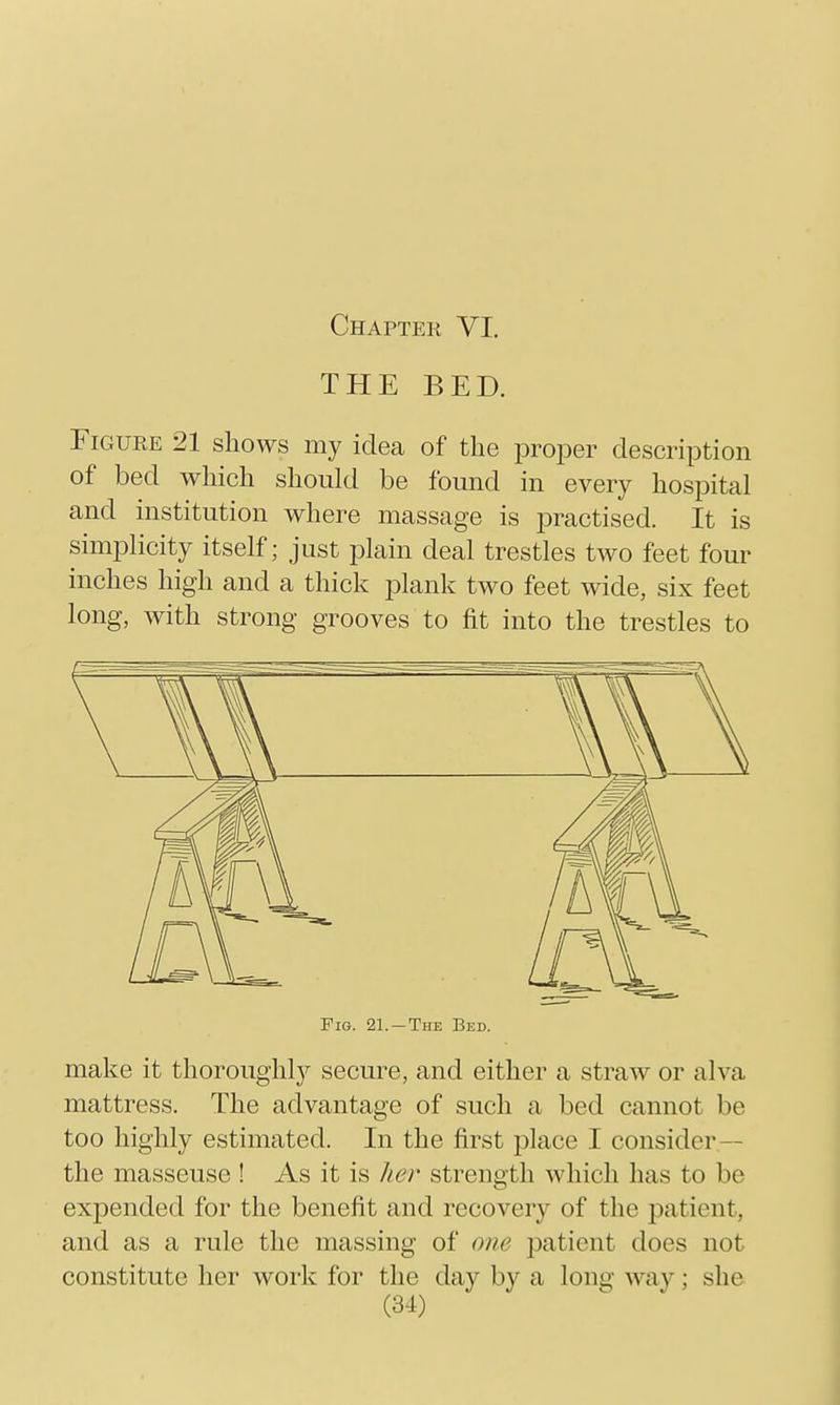 THE BED. Figure 21 shows my idea of the proper description of bed which should be found in every hospital and institution where massage is practised. It is simplicity itself; just plain deal trestles two feet four inches high and a thick plank two feet wide, six feet long, with strong grooves to fit into the trestles to Pig. 21.-The Bed. make it thoroughly secure, and either a straw or alva mattress. The advantage of such a bed cannot be too highly estimated. In the first place I consider— the masseuse ! As it is lier strength which has to be expended for the benefit and recovery of the patient, and as a rule the massing of one j^atient does not constitute her work for the day by a long way; she