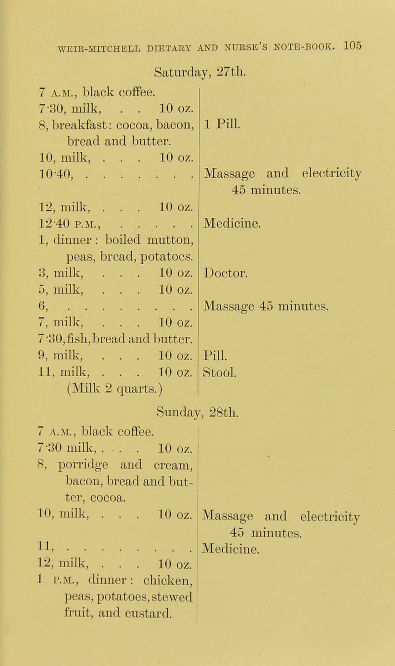 Satiirdtay, 27tli 7 A.M., black coffee. 7-30, milk, . . 10 oz 8, breakfast: cocoa, bacon, 1 Pill. bread and butter. 10, milk, ... 10 oz. 10-40, 10 oz. 12, milk, . . . 12-40 P.M., I, dinner : boiled mutton, peas, bread, potatoes. 3, milk, . . . 10 oz. 5, milk, . . . 10 oz. 6, 7, milk, ... 10 oz. 7 -30, fish, bread and butter. 9, milk, ... 10 oz. II, milk, ... 10 oz. (Milk 2 quarts.) Sunday, 28tli 7 A.M., black coffee. I 7-30 milk, ... 10 oz. 8, porridge and cream, bacon, bread and but- ter, cocoa. 10, milk, ... 10 oz. Massage and electricity 45 minutes. Medicine. Doctor. Massage 45 minutes. Pill. Stool. 11, 12, milk, ... 10 oz. 1 P.M., dinner: chicken, peas, potatoes, stewed fruit, and custard. Massage and electricity 45 minutes. Medicine.