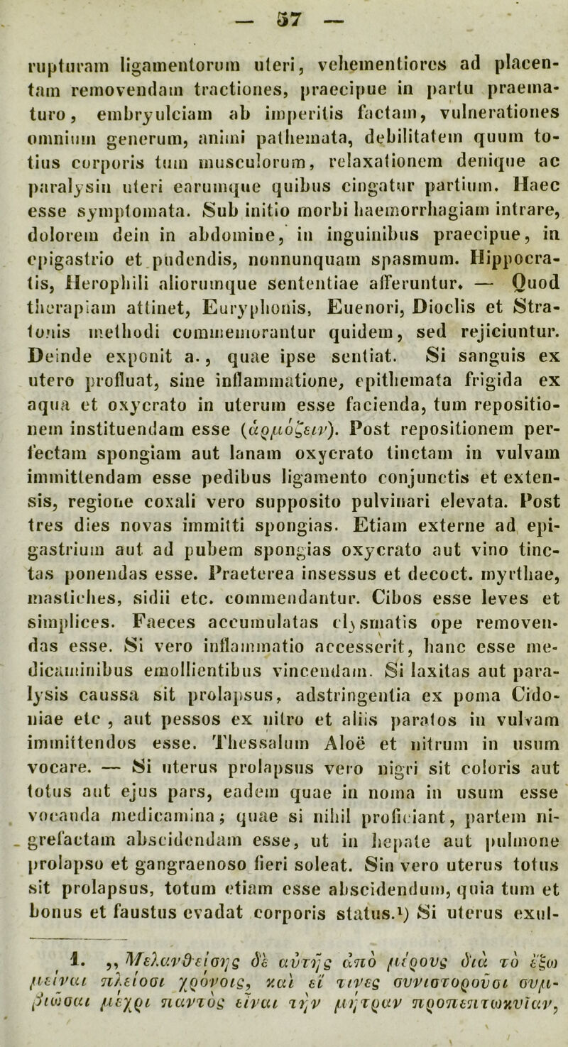 37 riiptnrani ligamentoruin uteri, velieinentiores ad placen- tam removeiidain tractiones, praecipue in partii praeina- turo, einbryulciain ab iiuperiiis factain, vulneratioiies onmiiiin geiierum, aniini pathemata, debilitatein quiun to- tiiis corporis turn musculorum, relaxationcin deniqiie ac paralysin uteri earumque quibus ciugatur partium. Haec esse syinptomata. Sub initio morbi haemorrhagiam intrare, dolorem dein in abdomine, in inguinibus praecipue, in epigastric et pudendis, nonnunquam spasmum. Hippocra- tis, lleropliili alioruinque sententiae atferuntur, — Quod thcraplam attinet, Eurypbonis, Euenori, Dioclis et Stra- Io.mIs inethodi commemorantur quidein, sed rejiciuntur. Deinde exponit a., quae ipse sentiat. Si sanguis ex utero profluat, sine inflammatione, epitliemata frigida ex aqua et oxycrato in uteriiin esse facienda, turn repositio- iiem instituendani esse Post repositionein per- I’ectain spongiani aut lanam oxycrato tinctam in vulvam ininiittendam esse pedibus ligamento conjunctis et exten- sis, regione coxali vero supposito pulvinari elevata. Post tres dies novas immitti spongias. Etiam externe ad epi- gastrium aut ad pubem spongias oxycrato aut vino tinc- tas ponendas esse. Praeterea insessus et decoct, inyrtliae, inasticlies, sidii etc. commeiidantur. Cibos esse leves et simplices. Faeces accumulatas cl>srnatis ope removeu- das esse. Si vero inflammatio accesserit, banc esse ine- dicaminibus emollientibiis vincemlam. Si laxitas aut para- lysis caussa sit prolapsus, adstringentia ex poina Cido- uiae etc , aut pessos ex nitro et aliis paralos in vulvam immittendos esse. Tliessalum Aloe et iiitrum in usum vocare. — Si uteru.s prolapsus vero nigri sit coloris aut lotus aut ejus pars, eadem quae in noma in usum esse vocauda medicamlna; quae si nihil proficiant, partem ni- . grefactam abscidendam esse, ut in hepate aut pulmone prolapse et gangraenoso fieri soleat. Sin vero uterus totus sit prolapsus, totum etiam esse abscidendum, quia turn et bonus et faustus evadat corporis status.') Si uterus exul- 1. ,, MeXuvdeiGTiS (xviijg dno fUQOvg d'la to I'go) fiLiViu 7ileioGt yQovotg, y.ai ei Ttveg gvvigtoqovol GVfi- ^iiujGCii yityQi navTog dvtu ^xr^TQHv uiQont^iTMKVhir^