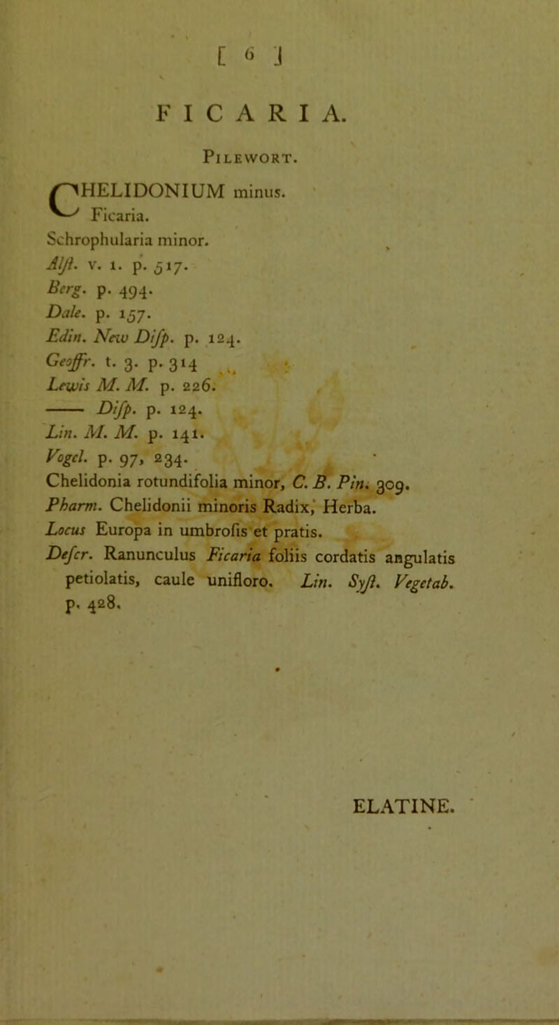 [ J F I C A R I A. PiLEWORT. ^HELIDONIUM minus. Ficaria. Schrophularia minor. Alji. V. 1. p. 517. Berg. p. 49^. Dale. p. 157. Edin. Nexv D 'tfp. p. 124. Ceoffr. t. 3. p. 314 .. Lewis M. M. p. 226. Difp. p. 124. Lin. M. M. p. 141. Vogel, p. 97, 234. Chelidonia rotundifolia minor, C. Pim 309. Phami. Chelidonii minoris Radix,' Herba. lacus Europa in umbrofis et pratis. Defer. Ranunculus Ficaria foliis cordatis angulatis petiolatis, caule unifloro. Lin. Syjl. Vegetab. p, 428. ELATINE.