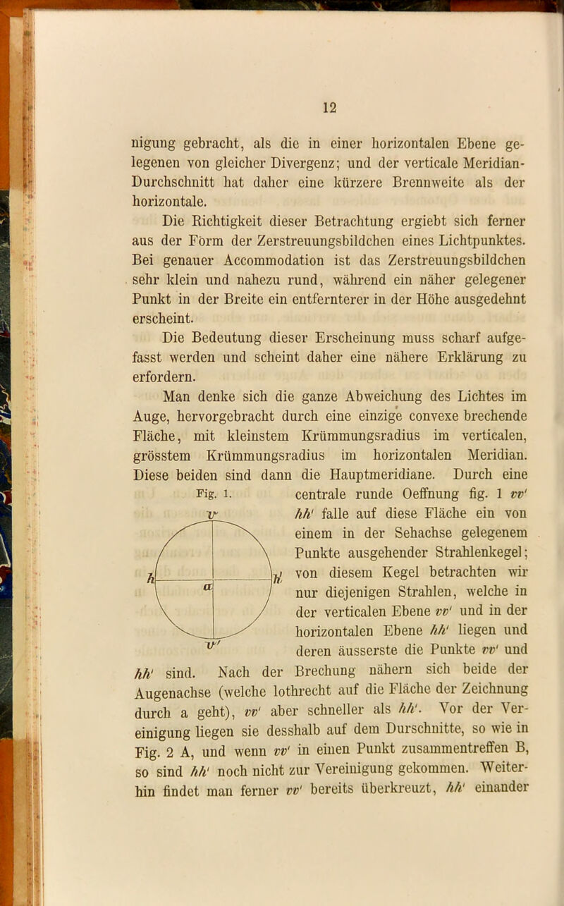 nigimg gebracht, als die in einer horizontalen Ebene ge- legenen von gleicher Divergenz; und der verticale Meridian- Durchschnitt hat daher eine kürzere Brennweite als der horizontale. Die Eichtigkeit dieser Betrachtung ergiebt sich ferner aus der Form der Zerstreuungsbildchen eines Lichtpunktes. Bei genauer Accommodation ist das Zerstreuungsbildchen sehr klein und nahezu rund, während ein näher gelegener Punkt in der Breite ein entfernterer in der Höhe ausgedehnt erscheint. Die Bedeutung dieser Erscheinung muss scharf aufge- fasst werden und scheint daher eine nähere Erklärung zu erfordern. Man denke sich die ganze Abweichung des Lichtes im Auge, hervorgebracht durch eine einzige convexe brechende Fläche, mit kleinstem Krümmungsradius im verticalen, grösstem Krümmungsradius im horizontalen Meridian. Diese beiden sind dann die Hauptmeridiane. Durch eine hh' sind. Nach der Brechung nähern sich beide der Augenachse (welche lothrecht auf die Fläche der Zeichnung durch a geht), vv' aber schneller als hh'. Vor der Ver- einigung liegen sie desshalb auf dem Durschnitte, so wie in Fig. 2 A, und wenn vv' in einen Punkt zusammentreffen B, so sind hh' noch nicht zur Vereinigung gekommen. Weiter- hin findet man ferner W bereits überkreuzt, hh' einander h Fig. 1. centrale runde Oeffnung fig. 1 vv' hh' falle auf diese Fläche ein von einem in der Sehachse gelegenem Punkte ausgehender Strahlenkegel; von diesem Kegel betrachten wir nur diejenigen Strahlen, welche in der verticalen Ebene vv' und in der horizontalen Ebene hh' liegen und deren äusserste die Punkte vv' und