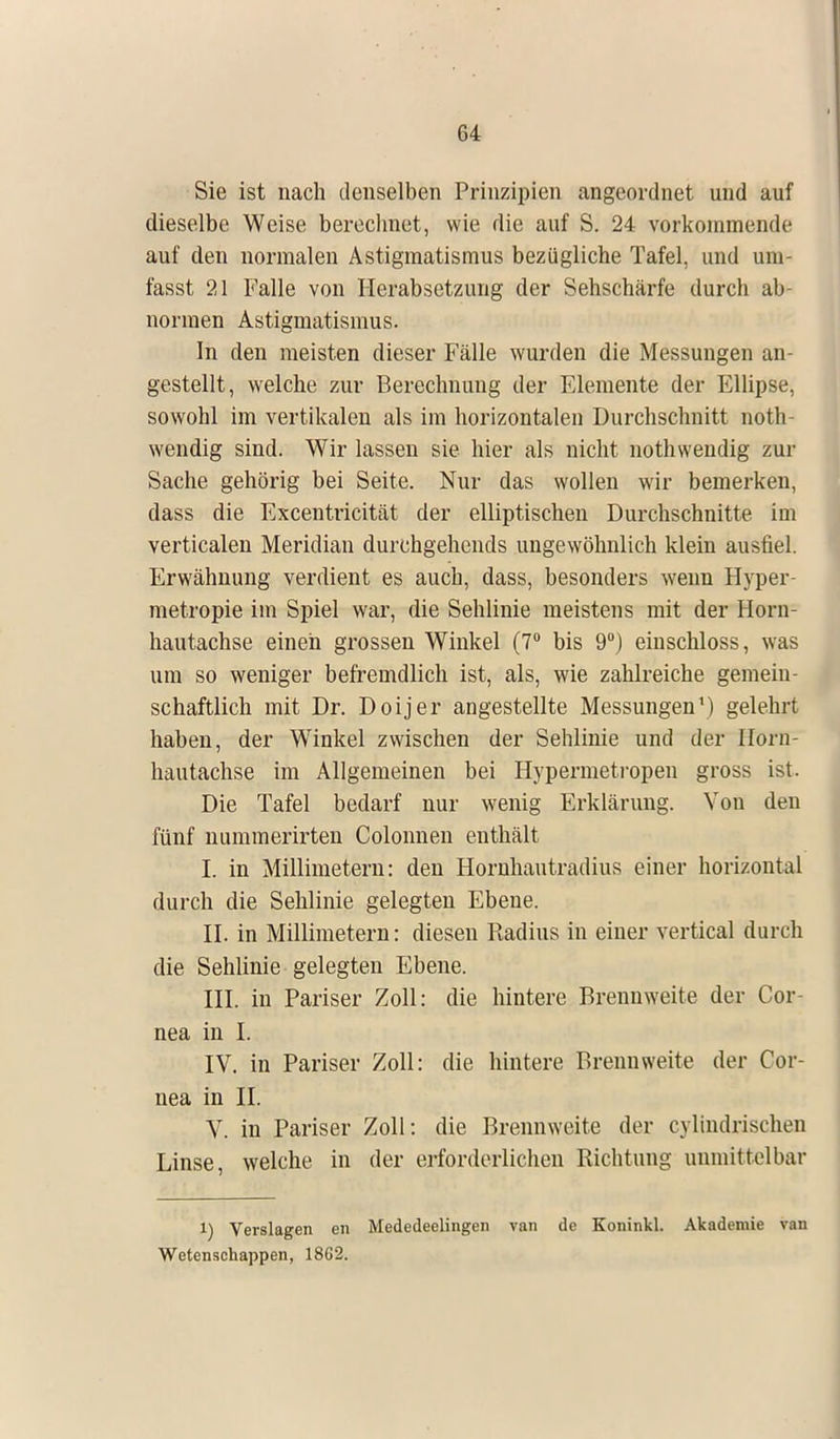 Sie ist nach denselben Prinzipien angeordnet und auf dieselbe Weise berechnet, wie die auf S. 24 vorkommende auf den normalen Astigmatismus bezügliche Tafel, und um- fasst 21 Falle von Herabsetzung der Sehschärfe durch ab- normen Astigmatismus. In den meisten dieser Fälle wurden die Messungen an- gestellt, welche zur Berechnung der Elemente der Ellipse, sowohl im vertikalen als im horizontalen Durchschnitt noth- wendig sind. Wir lassen sie hier als nicht nothwendig zur Sache gehörig bei Seite. Nur das wollen wir bemerken, dass die Excentricität der elliptischen Durchschnitte im verticalen Meridian durchgehends ungewöhnlich klein ausfiel. Erwähnung verdient es auch, dass, besonders wenn Hyper- metropie im Spiel war, die Sehlinie meistens mit der Horn- hautachse einen grossen Winkel (7° bis 9°) einschloss, was um so weniger befremdlich ist, als, wie zahlreiche gemein- schaftlich mit Dr. Doijer angestellte Messungen1) gelehrt haben, der Winkel zwischen der Sehlinie und der Ilorn- hautachse im Allgemeinen bei Hypermetropen gross ist. Die Tafel bedarf nur wenig Erklärung. Von den fünf nummerirten Colonnen enthält I. in Millimetern: den Hornhautradius einer horizontal durch die Sehlinie gelegten Ebene. II. in Millimetern: diesen Radius in einer vertical durch die Sehlinie gelegten Ebene. III. in Pariser Zoll: die hintere Brennweite der Cor- nea in I. IV. in Pariser Zoll: die hintere Brennweite der Cor- nea in II. V. in Pariser Zoll: die Brennweite der cylindrischen Linse, welche in der erforderlichen Richtung unmittelbar l) Verslagen en Mededeelingen van de Koninkl. Akademie van Wetenschappen, 18G2.