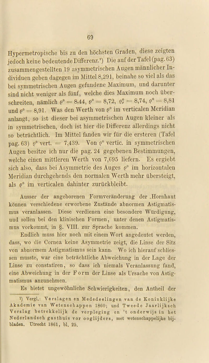 Hypermetropische bis zu den höchsten Graden, diese zeigten jedoch keine bedeutende Differenz.1) Die auf der Tafel (pag. 6 3) zusammengestellten 19 asymmetrischen Augen männlicher In- dividuen geben dagegen im Mittel 8,291, beinahe so viel als das bei symmetrischen Augen gefundene Maximum, und darunter sind nicht weniger als fünf, welche dies Maximum noch über- schreiten, nämlich q° = 8,44, Q° = 8,72, & = 8,74, q° = 8,81 und p° = 8,91. Was den Werth von q° im verticalen Meridian anlangt, so ist dieser bei asymmetrischen Augen kleiner als in symmetrischen, doch ist hier die Differenz allerdings nicht so beträchtlich. Im Mittel fanden wir für die ersteren (Tafel pag. 63) q° vert. == 7,439. Von q° vertic. in symmetrischen Augen besitze ich nur die pag. 24 gegebenen Bestimmungen, welche einen mittleren Werth von 7,695 liefern. Es ergiebt sich also, dass bei Asymmetrie des Auges q° im horizontalen Meridian durchgehends den normalen Werth mehr übersteigt, als q° im verticalen dahinter zurückbleibt. Ausser der angeborenen Formveränderung der .Hornhaut können verschiedene erworhene Zustände abnormen Astigmatis- mus veranlassen. Diese verdienen eine besondere Würdigung, und sollen bei den klinischen Formen, unter denen Astigmatis- mus vorkommt, in §. VIII. zur Sprache kommen. Endlich muss hier noch mit einem Wort angedeutet werden, dass, wo die Cornea keine Asymmetrie zeigt, die Linse der Sitz von abnormem Astigmatismus sein kann. Wo ich hierauf schlies- sen musste, war eine beträchtliche Abweichung in der Lage der Linse zu constatiren, so dass ich niemals Veranlassung fand, eine Abweichung in der Form der Linse als Ursache von Astig- matismus anzunehmen. Es bietet ungewöhnliche Schwierigkeiten, den Antheil der l) Vergl.: Verslagen en Mededeelingen van de Koninklijke Akademie van Wetensch appen 1860; und Tweede Jaarlijksch Verslag betrekkelijk de verpleging on 't onderwijs in het Nederlandsch gasthuis vor ooglijders, met wetenschappelijke bij- bladen. Utrecht 1861, bl. 25.