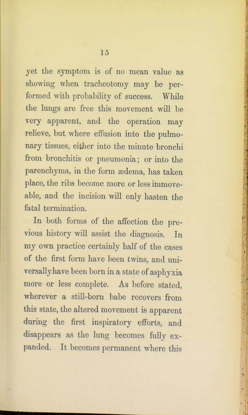 yet the symptom is of no mean value as showing when tracheotomy may be per- formed with probabiHty of success. While the lungs are free this movement will be very apparent, and the operation may relieve, but where effusion into the pulmo- nary tissues, either into the minute bronchi from bronchitis or pneumonia; or into the parenchyma, in the form sedema, has taken place, the ribs become more or less immove- able, and the incision will only hasten the fatal termination. In both forms of the affection the pre- vious history will assist the diagnosis. In my own practice certainly half of the cases of the first form have been twins, and uni- versally have been born in a state of asphyxia more or less complete. As before stated, wherever a still-born babe recovers from this state, the altered movement is apparent during the first inspiratory efforts, and disappears as the lung becomes fully ex- panded. It becomes permanent where this
