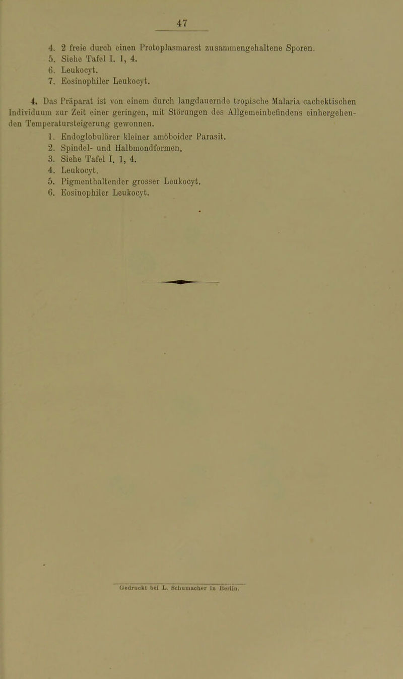 4. 2 freie durch einen Protoplasmarest zusammengehalteno Sporen. 5. Siehe Tafel 1. 1,4. 6. Leukocyt. 7. Eosinophiler Leukocyt. 4. Das Präparat ist von cinom durch langdauernde tropische Malaria cachektischen Individuum zur Zeit einer geringen, mit Störungen des Allgemeinbefindens einhergehen- den Temperatursteigerung gewonnen. 1. Endoglobulärer kleiner amöboider Parasit. 2. Spindel- und Halbmondformen. 3. Siehe Tafel I. 1, 4. 4. Leukocyt. 5. Pigmenthaltender grosser Leukocyt. 6. Eosinophiler Leukocyt. Gedruckt bei L. Schumacher in Berlin.