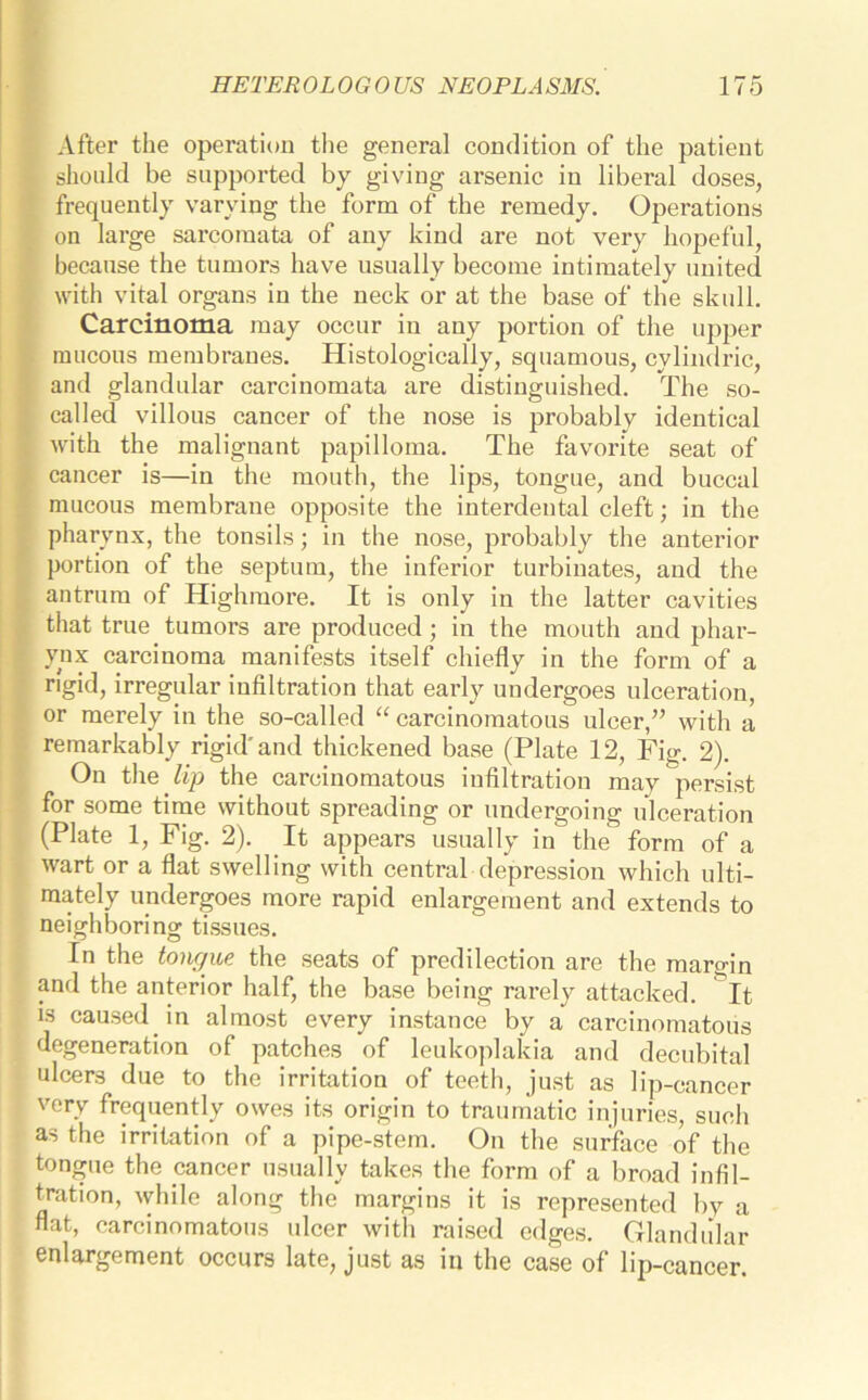 After the operation the general condition of the patient should be supported by giving arsenic in liberal doses, frequently varying the form of the remedy. Operations on large sarcomata of any kind are not very hopeful, because the tumors have usually become intimately united with vital organs in the neck or at the base of the skull. Carcinoma may occur in any portion of the upper mucous membranes. Histologically, squamous, cylindric, and glandular carcinomata are distinguished. The so- called villous cancer of the nose is probably identical with the malignant papilloma. The favorite seat of cancer is—in the mouth, the lips, tongue, and buccal mucous membrane opposite the interdental cleft; in the pharynx, the tonsils; in the nose, probably the anterior portion of the septum, the inferior turbinates, and the antrum of Highmore. It is only in the latter cavities that true tumors are produced; in the mouth and phar- ynx carcinoma manifests itself chiefly in the form of a rigid, irregular infiltration that early undergoes ulceration, or merely in the so-called “ carcinomatous ulcer,” with a remarkably rigid'and thickened base (Plate 12, Fig. 2). On the lip the carcinomatous infiltration may persist for some time without spreading or undergoing ulceration (Plate 1, Fig. 2). It appears usually in the form of a wart or a flat swelling with central depression which ulti- mately undergoes more rapid enlargement and extends to neighboring tissues. In the tongue the seats of predilection are the margin and the anterior half, the base being rarely attacked. It is caused in almost every instance by a carcinomatous degeneration of patches of leukoplakia and decubital ulcers due to the irritation of teeth, just as lip-cancer very frequently owes its origin to traumatic injuries, such as the irritation of a pipe-stem. On the surface of the tongue the cancer usually takes the form of a broad infil- tration, while along the margins it is represented by a flat, carcinomatous ulcer with raised edges. Glandular enlargement occurs late, just as in the case of lip-cancer.