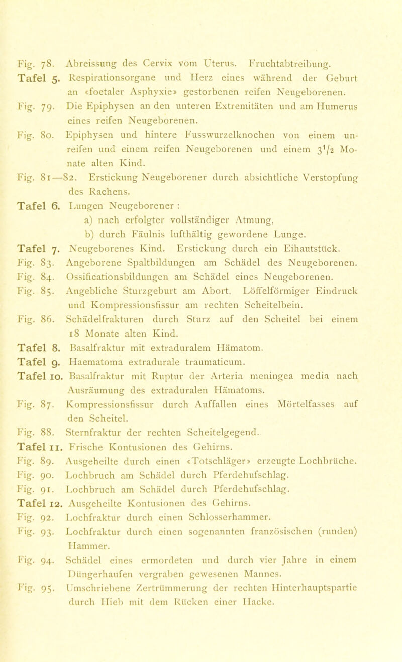 Tafel 5. Respirationsorgane und Ilerz eines wahrend der Geburt an «foetaler Asphyxies gestorbenen reifen Neugeborenen. Fig- 79- Die Epiphysen an den unteren Extremitaten und am Humerus eines reifen Neugeborenen. Fig. 80. Epiphysen und hintere Fusswurzelknochen von einem un- reifen und einem reifen Neugeborenen und einem 31/2 Mo- nate alten Kind. Fig. 81—82. Erstickung Neugeborener durch absichtliche Verstopfung des Rachens. Tafel 6. Lungen Neugeborener : Tafel 7. Fig- 83. Fig. 84. Fig- 85. a) nach erfolgter vollstandiger Atmung, b) durch Faulnis lufthaltig gewordene Lunge. Neugeborenes Kind. Erstickung durch ein Eihautsttick. Angeborene Spaltbildungen am Schadel des Neugeborenen. Ossificationsbildungen am Schadel eines Neugeborenen. Angebliche Sturzgeburt am Abort. Loffelformiger Eindruck und Kompressionsfissur am rechten Scheitelbein. Fig. 86. Schadelfrakturen durch Sturz auf den Scheitel bei einem 18 Monate alten Kind. Tafel 8. Basalfraktur mit extraduralem Ilamatom. Tafel g. Haematoma extradurale traumaticum. Tafel 10. Basalfraktur mit Ruptur der Arteria meningea media nach Fig. 87. Ausraumung des extraduralen Plamatoms. Kompressionsfissur durch Auffallen eines Mortelfasses auf den Scheitel. Fig. 88. Sternfraktur der rechten Scheitelgegend. Tafel 11. Frische Kontusionen des Gehirns. Fig. 8g. Ausgeheilte durch einen «Totschlager» erzeugte Lochbrtiche. Fig. 90. Lochbruch am Schadel durch Pferdehufschlag. Fig. 91. Lochbruch am Schadel durch Pferdehufschlag. Tafel 12. Ausgeheilte Kontusionen des Gehirns. Fig- 92- Fig- 93- Lochfraktur durch einen Schlosserhammer. Lochfraktur durch einen sogenannten franzosischen (runden) Hammer. Fig. 94. Schadel eines ermordeten und durch vier Jahre in einem Fig. 95- Diingerhaufen vergraben gewesenen Mannes. Umschriebene Zertrtimmerung der rechten Ilinterhauptspartie durch Ilieb mit dem Riicken einer llacke.