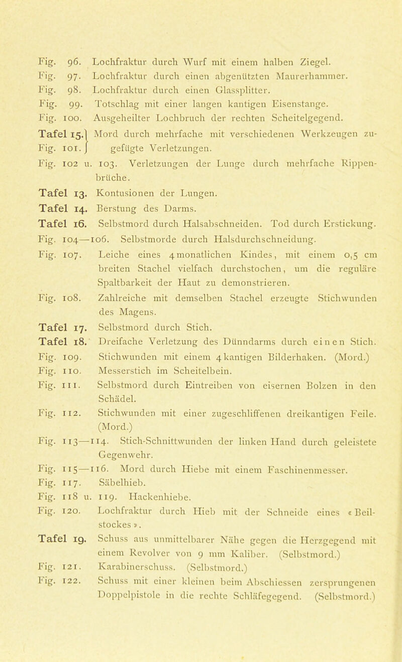 Fig. 96. Lochfraktur (lurch Wurf mit einem halben Ziegel. 97- Lochfraktur durch einen abgentitzten Maurerhammer. Fig. 98. Lochfraktur durch einen Glassplitter. Fig- 99- Totschlag mit einer langen kantigen Eisenstange. Fig. 100. Ausgeheilter Lochbruch der rechten Scheitelgegend. Tafel 15.I Mord durch mehrfache mit verschiedenen Werkzeugen zu- Fig. 101.J gefttgte Verletzungen. Fig. 102 u. 103. Verletzungen der Lunge durch mehrfache Rippen- brtiche. Tafel 13. Kontusionen der Lungen. Tafel 14. Berstung des Darms. Tafel 16. Selbstmord durch Halsabschneiden. Tod durch Erstickung. Fig. 104—106. Selbstmorde durch Halsdurchschneidung. Fig. 107. Leiche eines 4monatlichen Kin des, mit einem 0,5 cm breiten Stachel vielfach durchstochen, um die regulare Spaltbarkeit der Haut zu demonstrieren. Fig. 108. Zahlreiche mit demselben Stachel erzeugte Stichwunden des Magens. Tafel 17. Selbstmord durch Stich. Tafel 18. Dreifache Verletzung des Dilnndarms durch einen Stich. Fig. 109. Stichwunden mit einem 4 kantigen Bilderhaken. (Mord.) Fig. no. Messerstich im Scheitelbein. Fig. ill. Selbstmord durch Eintreiben von eisernen Bolzen in den Schadel. Fig. 112. Stichwunden mit einer zugeschliffenen dreikantigen Feile. (Mord.) Fig. 113—114. Stich-Schnittwuriden der linken Hand durch geleistete Gegenwehr. Fig. 115 — 116. Mord durch Hiebe mit einem Faschinenmesser. Fig. 117. Sabelhieb. Fig. 118 u. 119. Hackenhiebe. Fig. 120. Lochfraktur durch Hieb mit der Schneide eines «Beil- stockes». Tafel 19. Schuss aus unmittelbarer Nahe gegen die Herzgegend mit einem Revolver von 9 mm Kaliber. (Selbstmord.) Fig. 121. Karabinerschuss. (Selbstmord.) fig. 122. Schuss mit einer kleinen beim Abschiessen zersprungenen Doppelpistole in die rechte Schlafegegend. (Selbstmord.)