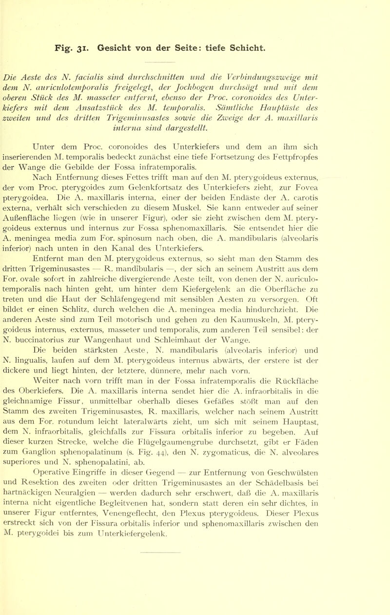 Die Aeste des N. facialis sind durchschnitten und die Verbindungszweige mit dem N. auricidoteniporalis freigelegt^ der Jochbogen diirchsägt itnd mit dem oberen Stück des M. masseter entfernt, ebenso der Proc. coronoides des Unter- kiefers mit dem Ansatzstück des M. temporalis. Sämtliche Hanptäste des zweiten und des dritten Trigeminusastes sowie die Zweige der A. maxillaris interna sind dargestellt. Unter dem Proc. coronoides des Unterkiefers und dem an ihm sich inserierenden M. temporalis bedeckt zunächst eine tiefe Fortsetzung des Fettpfropfes der Wange die Gebilde der Fossa infratemporalis. Nach Entfernung dieses Fettes trifft man auf den M. pter)^goideus externus, der vom Proc. pterygoides zum Gelenkfortsatz des Unterkiefers zieht, zur Fovea pterygoidea. Die A. maxillaris interna, einer der beiden Endäste der A. carotis externa, verhält sich verschieden zu diesem Muskel. Sie kann entweder auf seiner Außenfläche liegen (wie in unserer Figur), oder sie zieht zwischen dem M. ptery- goideus externus und internus zur Fossa sphenomaxillaris. Sie entsendet hier die A. meningea media zum For. spinosum nach oben, die A. mandibularis (alveolaris inferior) nach unten in den Kanal des Unterkiefers. Entfernt man den M. pterygoideus externus, so sieht man den Stamm des dritten Trigeminusastes — R. mandibularis —, der sich an seinem Austritt aus dem For. ovale sofort in zahlreiche divergierende Aeste teilt, von denen der N. auriculo- temporalis nach hinten geht, um hinter dem Kiefergelenk an die Oberfläche zu treten und die Flaut der Schläfengegend mit sensiblen Aesten zu versorgen. Oft bildet er einen Schlitz, durch welchen die A. meningea media hindurchzieht. Die anderen Aeste sind zum Teil motorisch und gehen zu den Kaummskeln, M. ptery- goideus internus, externus, masseter und temporalis, zum anderen Teil sensibel: der N. buccinatorius zur Wangenhaut und Schleimhaut der Wange. Die beiden stärksten Aeste, N. mandibularis (alveolaris inferior) und N. lingualis, laufen auf dem M. pterygoideus internus abwärts, der erstere ist der dickere und liegt hinten, der letztere, dünnere, mehr nach vorn. Weiter nach vorn trifft man in der Fossa infratemporalis die Rückfläche des Oberkiefers. Die A. maxillai'is interna sendet hier die A. infraorbitalis in die gleichnamige Fissur, unmittelbar oberhalb dieses Gefäßes stößt man auf den Stamm des zweiten Trigeminusastes, R. maxillaris, welcher nach seinem Austritt aus dem For. rotundum leicht lateralwärts zieht, um sich mit seinem Hauptast, dem N. infraorbitalis, gleichfalls zur Fissura orbitalis inferior zu begeben. Auf dieser kurzen Strecke, welche die Flügelgaumengrube durchsetzt, gibt er P'äden zum Ganglion sphenopalatinum (s. Fig. 44), den N. zygomaticus, die N. alveolares superiores und N. sphenopalatini, ab. Operative Eingriffe in dieser Gegend — zur Entfernung von Geschwülsten und Resektion des zweiten oder dritten Trigeminusastes an der Schädelbasis bei hartnäckigen Neuralgien — werden dadurch sehr erschwert, daß die A. maxillaris interna nicht eigentliche Begleitvenen hat, sondern statt deren ein sehr dichtes, in unserer Eigur entferntes, Venengeflecht, den Plexus pterygoideus. Dieser Plexus erstreckt sich von der Fissura orbitalis inferior und sphenomaxillaris zwischen den M. pterygoidei bis zum Unterkiefergelenk.