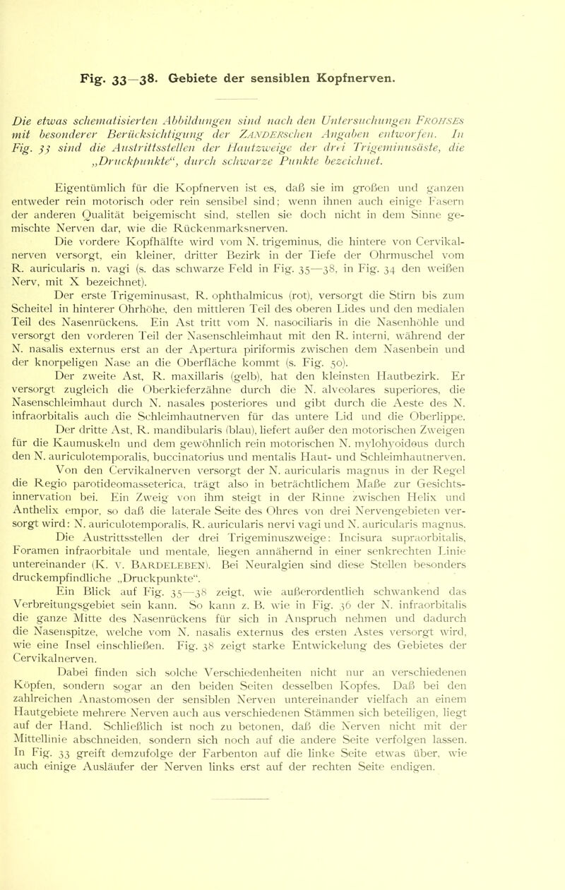 Fig. 33—38. Gebiete der sensiblen Kopfnerven. Die etwas schematisierte}! Abbildimgeu si)id nach den Untersiichiingen Froiises mit besonderer Berücksichtigung der T^ANDERschai Angat)ei} oitwovfen. I)i Fig. sUid die Austrittsstellen der Ffautzweige der drei Trigeniinusäste, die „Druck/)U}ikte“, durch schwarze Punkte bezeichnet. Eigentümlich für die Kopfnerven ist es, daß sie im großen und ganzen entweder rein motorisch oder rein sensibel sind; wenn ihnen auch einige P'asern der anderen Qualität beigemischt sind, stellen sie doch nicht in dem Sinne ge- mischte Nerven dar, wie die Rückenmarksnerven. Die vordere Kopfhälfte wird vom N. trigeminus, die hintere von Cervikal- nerven versorgt, ein kleiner, dritter Bezirk in der Tiefe der Ohrmuschel vom R. auricularis n. vag'i (s. das schwarze Feld in Fig. 35—38, in Fig. 34 den weißen Nerv, mit X bezeichnet). Der erste Trigeminusast, R. ophthalmicus (rot), versorgt die Stirn bis zum Scheitel in hinterer Ohrhöhe, den mittleren Teil des oberen Lides und den medialen Teil des Nasenrückens. Ein Ast tritt vom N. na.sociliaris in die Nasenhöhle und versorgt den vorderen Teil der Nasenschleimhaut mit den R. interni, während der N. nasalis externus erst an der Apertura piriformis zwischen dem Nasenbein und der knorpeligen Nase an die Oberfläche kommt (s. Fig. 50). Der zweite Ast, R, maxillaris (gelb), hat den kleinsten Hautbezirk, Er versorgt zugleich die Oberkieferzähne durch die N, alveolares superiores, die Nasenschleimhaut durch N, nasales posteriores und gibt durch die Aeste des N, infraorbitalis auch die Schleimhautnerven für das untere Lid und die Oberlippe. Der dritte Ast, R. mandibularis (blau), liefert außer den motorischen Zweig'en für die Kaumuskeln und dem gewöhnlich rein motorischen N. mxdohyoideus durch den N. auriculotemporalis, buccinatorius und mentalis Haut- und Schleimhautnerven. Von den Cervikalnerven versorgt der N. auricularis magnus in der Regel die Regio parotideomasseterica, trägt also in beträchtlichem Maße zur Gesichts- innervation bei. Ifin Zweig von ihm steigt in der Rinne zwischen Flelix und Anthelix empor, so daß die laterale Seite des Ohres von drei Nervengebieten ver- sorgt wird: N, auriculotemporalis, R, auricularis nervi vagi und N, auricularis magnus. Die Austrittsstellen der drei Trigeminuszweige: lucisura supraorbitalis, Poramen infraorbitale und mentale, liegen annähernd in einer senkrechten Linie untereinander (K, v. Bardelebeni. Bei Neuralgien sind diese Stellen besonders druckempfindliche „Druckpunkte“, Ein Blick auf P'ig, 35—38 zeigt, wie außerordentlieh schwankend das Verbreitungsgebiet sein kann. So kann z. B, wie in P'ig. 36 der N. infraorbitalis die ganze Mitte des Nasenrückens für sich in Anspruch nehmen und dadurch die Nasenspitze, welche vom N, nasalis externus des ersten Astes versorgt wird, wie eine Insel einschließen, Fig, 38 zeigt starke Entwickelung des Gebietes der Cervikalnerven, Dabei finden sich solche Verschiedenheiten nicht nur an verschiedenen Köpfen, sondern sogar an den beiden Seiten desselben Kopfes. Daß bei den zahlreichen .Vnastomosen der sensiblen Nerven untereinander vielfach an einem Plautgebiete mehrere Nerven auch aus verschiedenen Stämmen sich beteiligen, liegt auf der Hand, Schließlich ist noch zu betonen, daß die Nerven nicht mit der Mittellinie abschneiden, sondern sich noch auf die andere Seite verfolgen lassen. Tn Fig. 33 greift demzufolge der P'arbenton auf die linke Seite etwas über, wie auch einige Ausläufer der Nerven links erst auf der rechten Seite endigen.