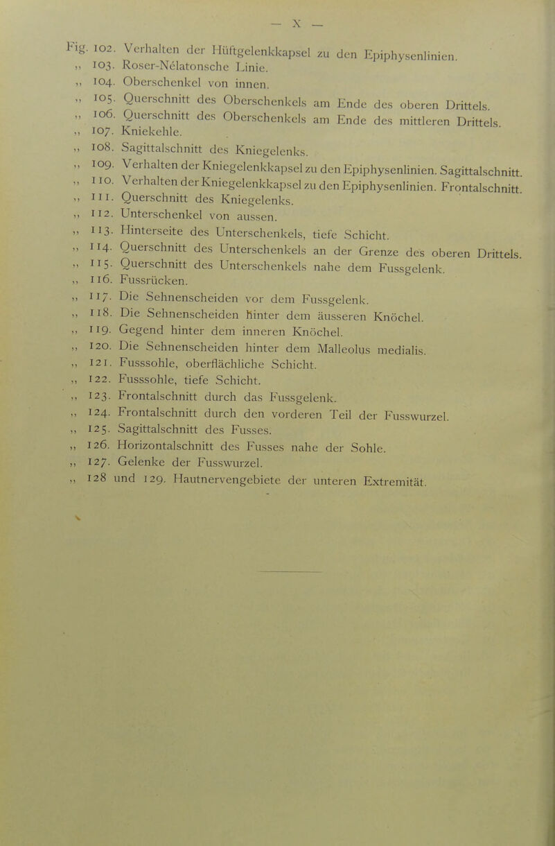 Fig. 102. Verhalten der Hüftgelenkkapsel zu den Epiphysenlinien. 103. Roser-Nelatonsche Linie. 104. Oberschenkel von innen. M 105. Querschnitt des Oberschenkels am Ende des oberen Drittels „ 106. Querschnitt des Oberschenkels am Ende des mittleren Drittels 107. Kniekehle. „ 108. Sagittalschnitt des Kniegelenks. „ 109. Verhalten der Kniegelenkkapsel zu den Epiphysenlinien. Sagittalschnitt „ 110. Verhalten der Kniegelenkkapsel zu den Epiphysenlinien. Frontalschnitt M III. Querschnitt des Kniegelenks. 112. Unterschenkel von aussen. „ 113. Hinterseite des Unterschenkels, tiefe Schicht. „ 114. Querschnitt des Unterschenkels an der Grenze des oberen Drittels. „ IIS- Querschnitt des Unterschenkels nahe dem Fussgelenk. 116. Fussrücken. „ 117. Die Sehnenscheiden vor dem Fussgelenk. 118. Die Sehnenscheiden hinter dem äusseren Knöchel. 119. Gegend hinter dem inneren Knöchel. „ 120. Die Sehnenscheiden hinter dem Malleolus medialis. 121. Fusssohle, oberflächliche Schicht. ,, 122. Fusssohle, tiefe Schicht. ,, 123. Frontalschnitt durch das Fussgelenk. 124. Frontalschnitt durch den vorderen Teil der Fusswurzel. ,, 125. Sagittalschnitt des Fusses. ,, 126. Horizontalschnitt des Fusses nahe der Sohle. 127. Gelenke der Fusswurzel.