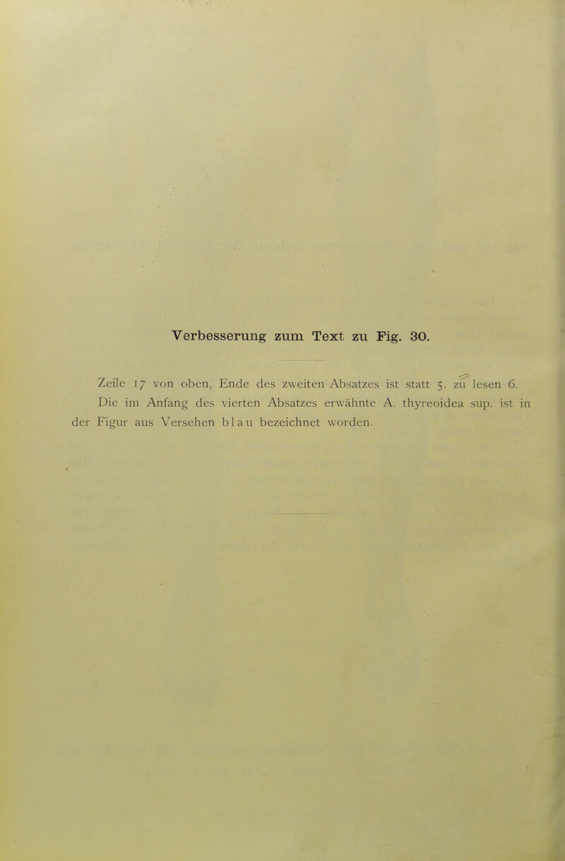 Verbesserung zum Text zu Fig. 30. Zeile ly von oben, Ende des zweiten Absatzes ist statt 5. zu lesen 6. Die im Anfang des vierten Absatzes erwähnte A. thyreoidea sup. ist in der Figur aus Versehen blau bezeichnet worden.