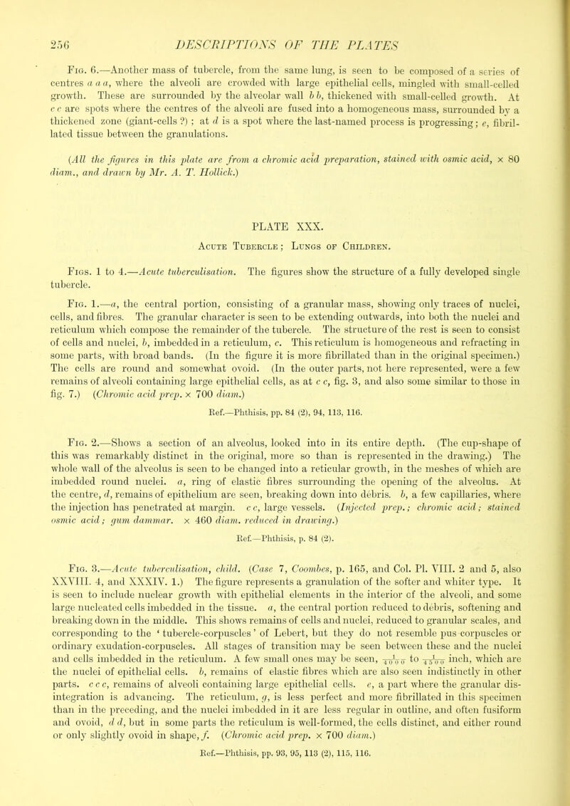 Fig. G.—Another mass of tubercle, from the same lung, is seen to be composed of a series of centres a a a, -where the alveoli are crowded with large epithelial cells, mingled with small-celled growth. These are surrounded by the alveolar wall h h, thickened with small-celled growth. At c c are spots where the centres of the alveoli are fused into a homogeneous mass, surrounded bv a thickened zone (giant-cells ?) ; at d is a spot where the last-named process is progressing; e, fibril- lated tissue between the granulations. {All the fidures in this jilate are from a chromic acid preparation, stained ivith osmic acid, x 80 diam., and drawn hy Mr. A. T. Hollick.) PLATE XXX. Acute Tubekcle ; Lungs op Children. Figs. 1 to 4.—Acute tuherculisation. The figures show the structure of a fully developed single tubercle. Fig. 1.—a, the central portion, consisting of a granular mass, showing only traces of nuclei, cells, and fibres. The granular character is seen to be extending outwards, into both the nuclei and reticulum which compose the remainder of the tubercle. The structure of the rest is seen to consist of cells and nuclei, h, imbedded in a reticulum, c. This reticulum is homogeneous and refracting in some parts, with broad bands. (In the figure it is more fibrillated than in the orig-fiial specimen.) The cells are round and somewhat ovoid. (In the outer parts, not here represented, were a few remains of alveoli containing large epithelial cells, as at c c, fig. 3, and also some similar to those in fig. 7.) {Chromic acid prep. X 700 diam.) Eef.—Phthisis, pp. 84 (2), 94, 113, 116. Fig. 2.—Shows a section of an alveolus, looked into in its entire depth. (The cup-shape of this was remarkably distinct in the original, more so than is represented in the drawing.) The whole wall of the alveolus is seen to be changed into a reticular growth, in the meshes of which are imbedded round nuclei, a, ring of elastic fibres surrounding the opening of the alveolus. At the centre, d, remains of epithelium are seen, breaking down into debris, h, a few cap)illaries, where the injection has penetrated at margin, cc, large vessels. {Injected prep.; chromic acid; stained osmic acid; gum dammar, x 4:00 cliam. reduced in draicing.) Ref.—Phthisis, p. 84 (2). Fig. 3.—Acute tuherculisation, child. {Case 7, Coomhes, p. 1G5, and Col. PI. YIII. 2 and 5, also XXYHI. 4, and XXXIY. 1.) The figure represents a granulation of the softer and whiter type. It is seen to include nuclear growth with epithelial elements in the interior of the alveoli, and some large nucleated cells imbedded in the tissue, a, the central portion reduced to debris, softening and breaking down in the middle. This shows remains of cells and nuclei, reduced to granular scales, and corresponding to the ‘tubercle-corpuscles’ of Lebert, but they do not resemble pus corpuscles or ordinary exudation-corjmscles. All stages of transition may be seen between these and the nuclei and cells imbedded in the reticulum. A few small ones may be seen, to tsVo hich, which are the nuclei of epithelial cells, h, remains of elastic fibres which are also seen indistinctly in other parts, c c c, remains of alveoli containing large epithelial cells, e, a part where the granular dis- integration is advancing. The reticulum, g, is less perfect and more fibrillated in this specimen than in the preceding, and the nuclei imbedded in it are less regular in outline, and often fusiform and ovoid, d d, but in some jiarts the reticulum is well-formed, the cells distinct, and either round or only slightly ovoid in shape,/. {Chromic acid prep, x 700 diam.)