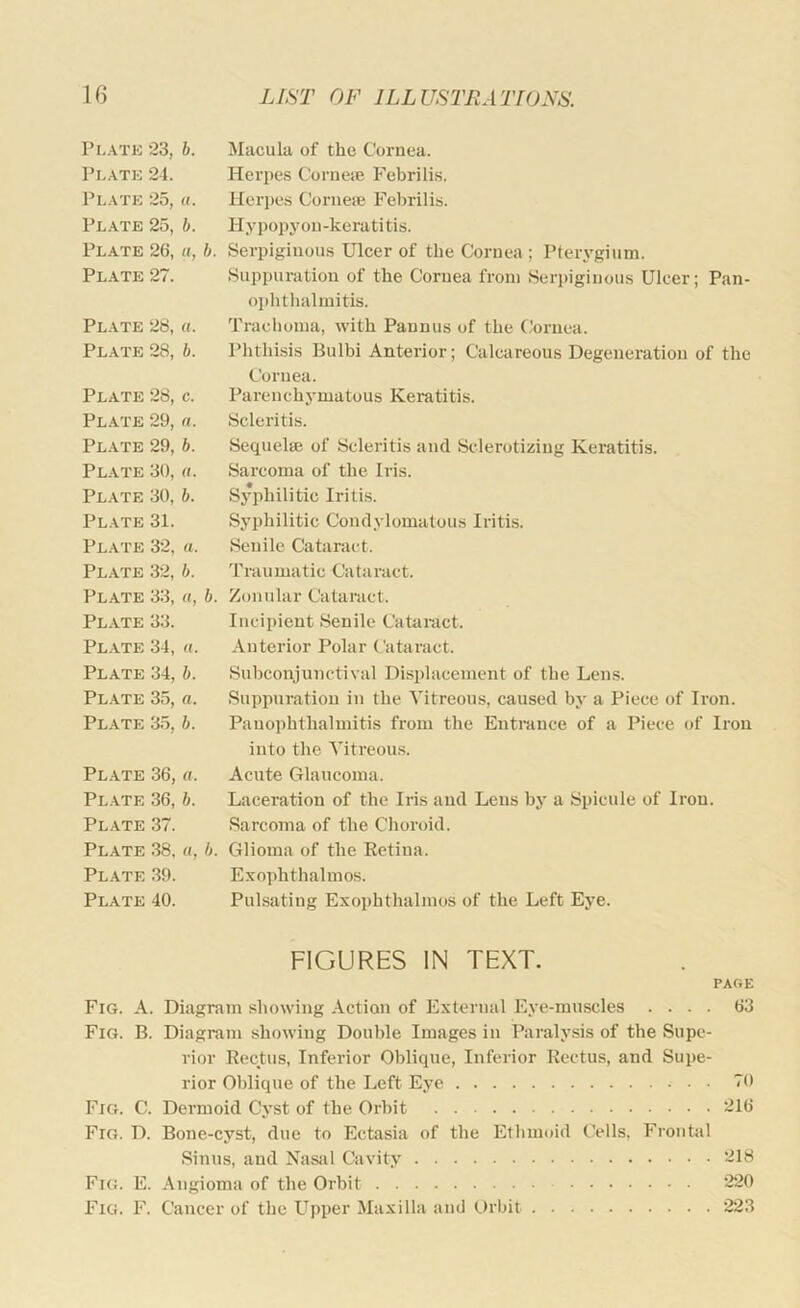 Pr.ATK 23, b. Platk 24. Platk 25, a. Plate 25, b. Plate 26, a, b Plate 27. Plate 28, «. Plate 28, b. Plate 28, c. Pl.ate 29, a. Plate 29, b. Plate 30, a. Plate 30, b. Plate 31. Plate 32, a. Pl.\te 32, h. Plate 33, «, b. Pl.ate 33. Pl.ate 34, «. Macula of the Cornea. Herpes Corneie Febrilis. Herpe.s Conieie Febrilis. Hypoiiyon-keratitis. Serpiginous Ulcer of the Cornea ; Pterygium. Suppuration of the Cornea from Serpiginous Ulcer; Pan- oi)hthahuitis. Trachoma, with Pannus of the Cornea. Phthisis Bulbi Anterior; Calcareous Degeneration of the Cornea. Parenchymatous Keratitis. Scleritis. Sequela) of Scleritis and Sclerotizing Keratitis. Sarcoma of the Iris. Syphilitic Iritis. Syphilitic Condylomatous Iritis. Senile Cataract. Traumatic Cataract. Zonular Cataract. Incipient Senile Cataract. Anterior Polar Cataract. Plate 34, b. Plate 35, a. Plate 35, b. Plate 36, a. Pl.ate 36, b. Plate 37. Plate 38. o, b. Plate 39. Plate 40. .Subconjunctival Disidacement of the Lens. Suppuration in the Vitreous, caused by a Piece of Iron. Panophthalmitis from the Entrance of a Piece of Iron into the Vitreous. Acute Glaucoma. Laceration of the Iris and Lens bj’ a Spicule of Iron. Sarcoma of the Choroid. Glioma of the Eetina. Exophthalmos. Pulsating Exoi)hthalinos of the Left Eye. FIGURES IN TEXT. PAGE Fig. a. Diagram showing Action of External Eye-muscles .... 63 Fig. B. Diagram showing Double Images in Paralysis of the Supe- rior Rectus, Inferior Oblique, Inferior Rectus, and Supe- rior Oblique of the Left Eye 70 Fig. C. Dermoid Cyst of the Orbit -16 Fig. D. Bone-cyst, due to Ectasia of the Ethmoid Cells. Frontal .Sinus, and Nasal Cavity -18 Fig. E. Angioma of the Orbit 220 Fig. F. Cancer of the Upper Maxilla and Orbit 223