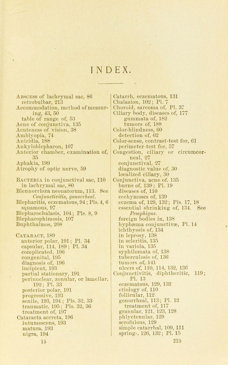INDEX. Abscess of lachrymal sac, 86 retrobulbar, 213 Accommodation, method of measur- ing, 43, 50 table of range of, 53 Acne of conjunctiva, 135 Acuteness of vision, 38 Amblyopia, 74 Aniridia, 188 Ankyloblepharon, 107 Anterior chamber, examination of, 35 Aphakia, 199 Atrophy of optic nerve, 59 Bacteria in conjunctival sac, 110 in lachrymal sac, 80 Blennorrhcea neonatorum, 113. See Conjunctivitis, gonorrheal. Blepharitis, eczematous, 94 ; Pis. 4, 6 squamous, 97 Blcpharochalasis, 104; Pis. 8, 9 Blepharophimosis, 107 Buphthalmos, 208 C.ATAR.ACT, 189 anterior polar, 191; PI. 34 capsular, 114, 189 ; PI. 34 complicated, 196 congenital, 195 diagnosis of, 196 incipient, 193 partial stationary, 191 perinuclear, zonular, or lamellar, 192; PI. 33 posterior polar, 191 progressive, 193 senile, 193, 194 ; Pis. 32, 33 traumatic, 195 ; Pis. 32, 36 treatment of, 197 Cataracta accreta, 196 intumescens, 193 matura, 193 nigra, 194 Catarrh, eczematous, 131 Chalazion, 102; PI. 7 Choroid, sarcoma of, PI. 37 Ciliary body, diseases of, 177 gummata of, 182 tumors of, 188 Color-blindness, 60 detection of, 62 Color-sense, contrast-test for, 61 perimeter-test for, ,57 Congestion, ciliary or circumcor- neal, 27 conjunctival, 27 diagnostic value of, .30 localized ciliary, 30 Conjunctiva, acne of, 135 burns of, 139 ; PI. 19 diseases of, 110 ecchymoses of, 139 eczema of, 129, 132; Pis. 17, 18 essential shrinking of, 134. See Pemphigtis. foreign bodies in, 138 hyphsema conjunctivie, PI. 14 ichthyosis of, 134 in leprosy, 138 in scleritis, 135 in variola, 135 syphilomata of, 138 tuberculosis of, 136 tumors of, 141 ulcers of, 110, 114, 132, 136 Conjunctivitis, diphtheritic, 119; PI. 13 eczematous, 129, 132 etiology of, 110 follicular, 112 gonorrheal, 113; PI. 12 treatment of, 117 granular, 121, 123, 128 phlyctenular, 129 scrofulous, 129 simple catarrhal, 109, 111 spring-, 126, 132; PI. 15