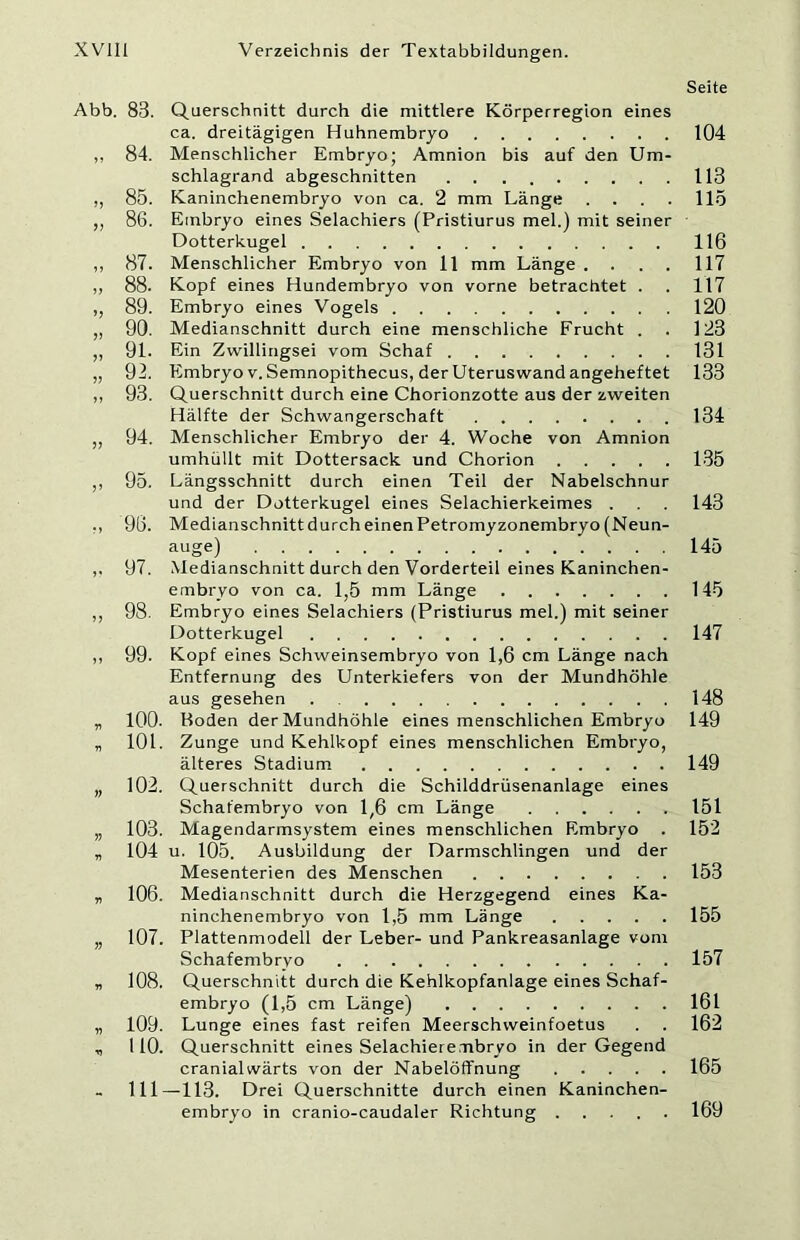 Seite Abb. 83. Querschnitt durch die mittlere Körperregion eines ca. dreitägigen Huhnembryo 104 ,, 84. Menschlicher Embryo; Amnion bis auf den Um- schlagrand abgeschnitten 113 ,, 85. Kaninchenembryo von ca. 2 mm Länge . ... \lö ,, 86. Embryo eines Selachiers (Pristiurus mel.) mit seiner Dotterkugel 116 ,, 87. Menschlicher Embryo von 11 mm Länge . . . . 117 ,, 88. Kopf eines Hundembryo von vorne betrachtet . . 117 ,, 89. Embryo eines Vogels 120 „ 90. Medianschnitt durch eine menschliche Frucht . . 123 „ 91. Ein Zwillingsei vom Schaf 131 „ 92. Embryo v.Semnopithecus, der Uteruswand angeheftet 133 ,, 93. Querschnitt durch eine Chorionzotte aus der zweiten Hälfte der Schwangerschaft 134 „ 94. Menschlicher Embryo der 4. Woche von Amnion umhüllt mit Dottersack, und Chorion 135 ,, 95. Längsschnitt durch einen Teil der Nabelschnur und der Dotterkugel eines Selachierkeimes . . 143 ,, 96. MedianschnittdurcheinenPetromyzonembryo(Neun- auge) 145 ,. 97. Medianschnitt durch den Vorderteil eines Kaninchen- embryo von ca. 1,5 mm Länge 145 ,, 98. Embryo eines Selachiers (Pristiurus mel.) mit seiner Dotterkugel 147 ,, 99. Kopf eines Schweinsembryo von 1,6 cm Länge nach Entfernung des Unterkiefers von der Mundhöhle aus gesehen 148 „ 100. Boden der Mundhöhle eines menschlichen Embryo 149 „ 101. Zunge und Kehlkopf eines menschlichen Embryo, älteres Stadium 149 „ 102. Querschnitt durch die Schilddrüsenanlage eines Schafembryo von 1,6 cm Länge 151 „ 103. Magendarmsystem eines menschlichen Embryo . 152 „ 104 u. 105. Ausbildung der Darmschlingen und der Mesenterien des Menschen 153 „ 106. Medianschnitt durch die Herzgegend eines Ka- ninchenembryo von 1,5 mm Länge 155 „ 107. Plattenmodell der Leber- und Pankreasanlage vom Schafembryo 157 „ 108. Querschnitt durch die Kehlkopfanlage eines Schaf- embryo (1,5 cm Länge) 161 „ 109. Lunge eines fast reifen Meerschweinfoetus . . 162 „ 110. Querschnitt eines Selachiere.mbryo in der Gegend cranialwärts von der Nabelöffnung 165 111—113. Drei Querschnitte durch einen Kaninchen- embryo in cranio-caudaler Richtung ..... 169