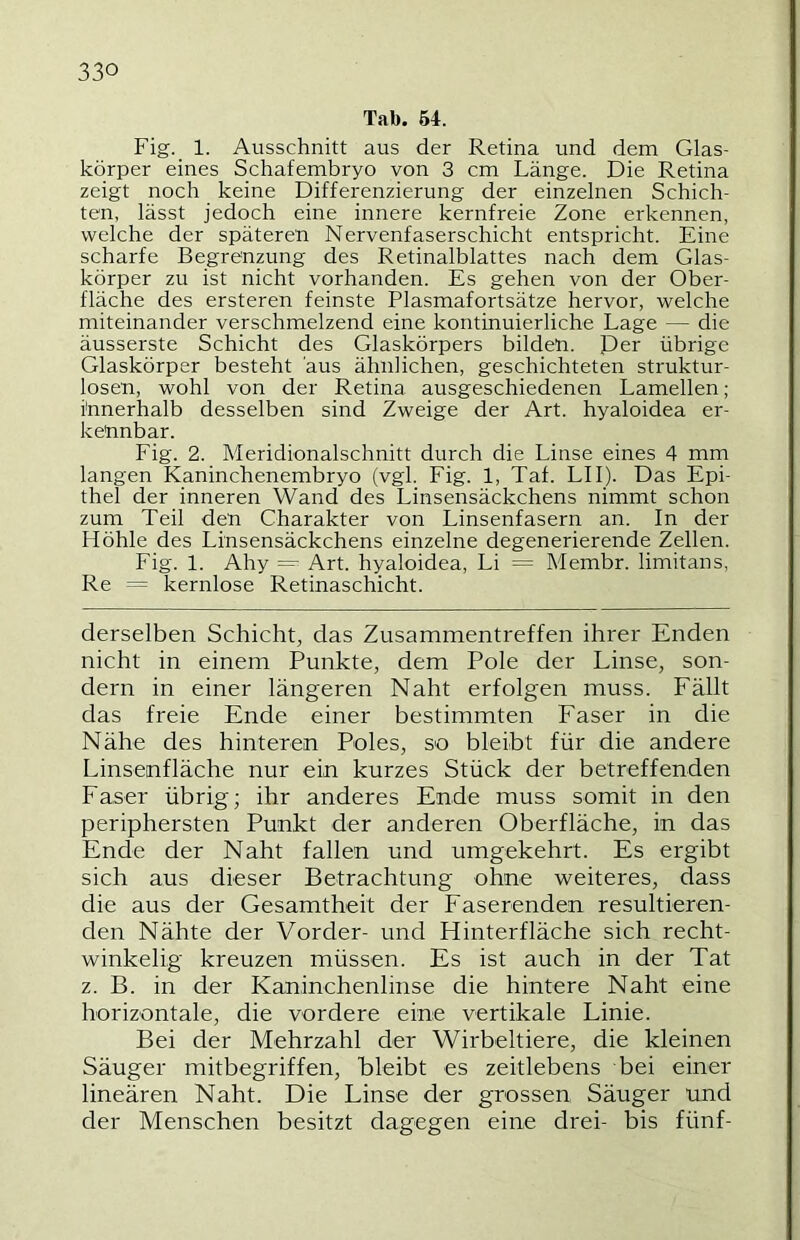 Tab. 64. Fig._ 1. Ausschnitt aus der Retina und dem Glas- körper eines Schafembryo von 3 cm Länge. Die Retina zeigt noch keine Differenzierung der einzelnen Schich- ten, lässt jedoch eine innere kernfreie Zone erkennen, welche der späteren Nervenfaserschicht entspricht. Eine scharfe Begrenzung des Retinalblattes nach dem Glas- körper zu ist nicht vorhanden. Es gehen von der Ober- fläche des ersteren feinste Plasmafortsätze hervor, welche miteinander verschmelzend eine kontinuierliche Lage — die äusserste Schicht des Glaskörpers bilden. Der übrige Glaskörper besteht aus ähnlichen, geschichteten struktur- losen, wohl von der Retina ausgeschiedenen Lamellen; innerhalb desselben sind Zweige der Art. hyaloidea er- kennbar. Fig. 2. Meridionalschnitt durch die Linse eines 4 mm langen Kaninchenembryo (vgl. Fig. 1, Taf. LII). Das Epi- thel der inneren Wand des Linsensäckchens nimmt schon zum Teil den Charakter von Linsenfasern an. In der Höhle des Linsensäckchens einzelne degenerierende Zellen. Fig. 1. Ahy = Art. hyaloidea, Li = Membr. limitans. Re = kernlose Retinaschicht. derselben Schicht, das Zusammentreffen ihrer Enden nicht in einem Punkte, dem Pole der Linse, son- dern in einer längeren Naht erfolgen muss. Fällt das freie Ende einer bestimmten Faser in die Nähe des hinteren Poles, so bleibt für die andere Linsenfläche nur ein kurzes Stück der betreffenden Faser übrig; ihr anderes Ende muss somit in den periphersten Punkt der anderen Oberfläche, in das Ende der Naht fallen und umgekehrt. Es ergibt sich aus dieser Betrachtung ohne weiteres, dass die aus der Gesamtheit der Faserenden resultieren- den Nähte der Vorder- und Hinterfläche sich recht- winkelig kreuzen müssen. Es ist auch in der Tat z. B. in der Kaninchenlinse die hintere Naht eine horizontale, die vordere eine vertikale Linie. Bei der Mehrzahl der Wirbeltiere, die kleinen Säuger mitbegriffen, bleibt es zeitlebens bei einer lineären Naht. Die Linse der grossen Säuger und der Menschen besitzt dagegen eine drei- bis fünf-