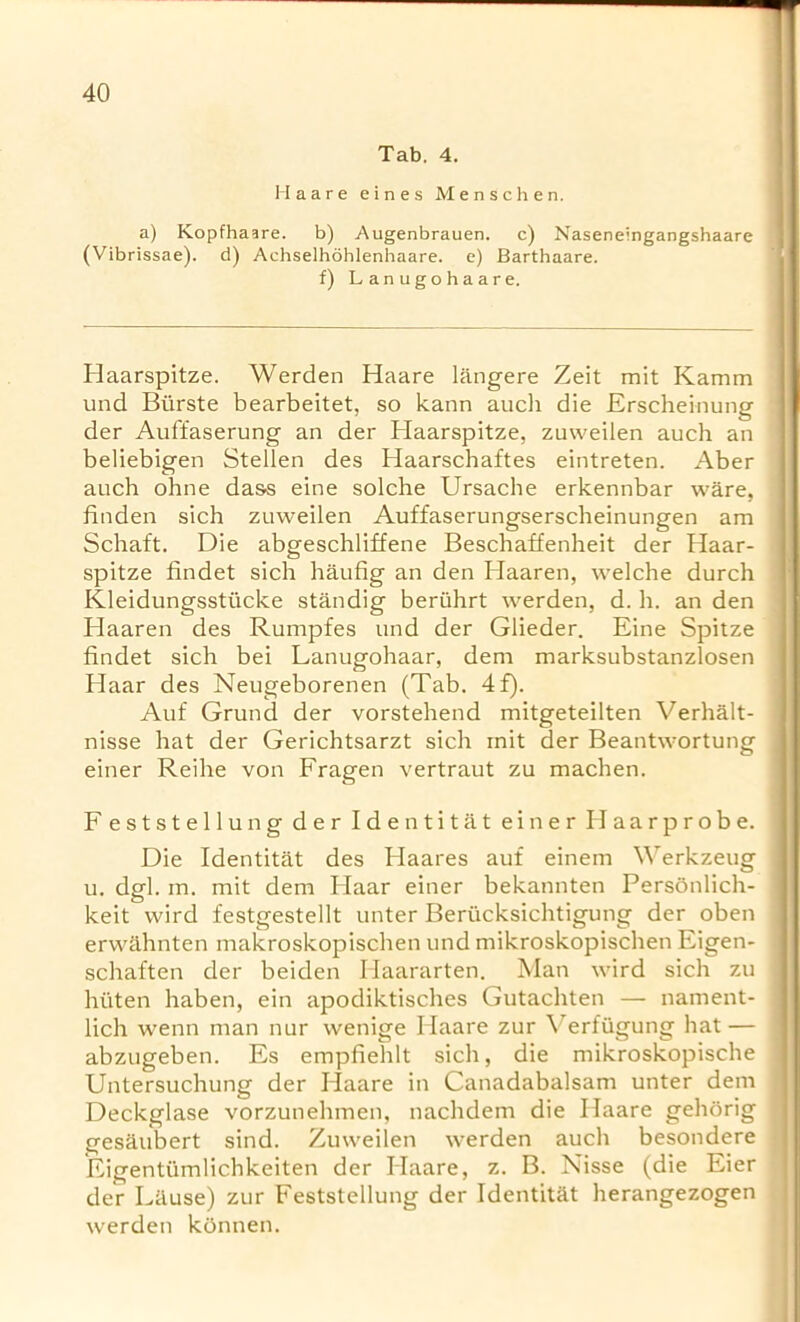 Tab. 4. Haare eines Menschen. a) Kopfhaare. b) Augenbrauen. c) Naseneingangshaare (Vibrissae). d) Achselhohlenhaare. e) Barthaare. f) Lanugohaare. Tlaarspitze. Werden Haare langere Zeit mit Kamm und Biirste bearbeitet, so kann aucli die Erscheinung der Auffaserung an der Haarspitze, zuweilen auch an beliebigen Stellen des Haarschaftes eintreten. Aber auch ohne dass eine solche Ursache erkennbar ware, linden sich zuweilen Auffaserungserscheinungen am Schaft. Die abgeschliffene Beschaffenheit der Haar- spitze findet sich haufig an den Haaren, welche durch Kleidungsstiicke standig beriihrt werden, d. h. an den Haaren des Rumpfes und der Glieder. Eine Spitze findet sich bei Lanugohaar, dem marksubstanzlosen Haar des Neugeborenen (Tab. 4f). Auf Grund der vorstehend mitgeteilten Verhalt- nisse hat der Gerichtsarzt sich mit der Beantwortung einer Reihe von Fragen vertraut zu machen. F eststellung der Identitat einer Haarprobe. Die Identitat des Haares auf einem Werkzeug u. dgl. m. mit dem Haar einer bekannten Personlich- keit wire! festgestellt unter Berticksichtigung der oben erwahnten makroskopischen und mikroskopischen Eigen- schaften der beiden Ilaararten. Man wird sich zu hiiten haben, ein apodiktisches Gutachten — nament- lich wenn man nur wenige Haare zur Verfugung hat — abzugeben. Es empfiehlt sich, die mikroskopische Untersuchung der Haare in Canadabalsam unter dem Deckglase vorzunehmen, nachdem die Haare gehorig gesaubert sind. Zuweilen werden auch besondere Eigentiimlichkeiten der Haare, z. B. Nisse (die Eier der Lause) zur Feststellung der Identitat herangezogen werden kdnnen.