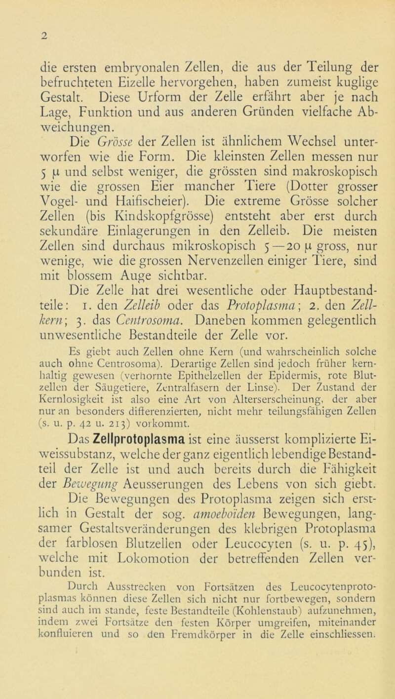 die ersten embryonalen Zellen, die aus der Teilung der befruchteten Eizelle hervorgehen, haben zumeist kuglige Gestalt. Diese Urform der Zelle erfährt aber je nach Lage, Funktion und aus anderen Gründen vielfache Ab- weichungen. Die Grösse der Zellen ist ähnlichem Wechsel unter- worfen wie die Form. Die kleinsten Zellen messen nur 5 ja und selbst weniger, die grössten sind makroskopisch wie die grossen Eier mancher Tiere (Dotter grosser Vogel- und Haifischeier). Die extreme Grösse solcher Zellen (bis Kindskopfgrösse) entsteht aber erst durch sekundäre Einlagerungen in den Zelleib. Die meisten Zellen sind durchaus mikroskopisch 5—20 p gross, nur wenige, wie die grossen Nervenzellen einiger Tiere, sind mit blossem Auge sichtbar. Die Zelle hat drei wesentliche oder Hauptbestand- teile: 1. den Zelleib oder das Protoplasma; 2. den Zell- kern; 3. das Centrosoma. Daneben kommen gelegentlich unwesentliche Bestandteile der Zelle vor. Es giebt auch Zellen ohne Kern (und wahrscheinlich solche auch ohne Centrosoma). Derartige Zellen sind jedoch früher kern- haltig gewesen (verhornte Epithelzellen der Epidermis, rote Blut- zellen der Säugetiere, Zentralfasern der Linse). Der Zustand der Kernlosigkeit ist also eine Art von Alterserscheinung, der aber nur an besonders differenzierten, nicht mehr teilungsfähigen Zellen (s. u. p. 42 u. 213) vorkommt. Das Zellprotoplasma ist eine äusserst komplizierte Ei- weissubstanz, welche der ganz eigentlich lebendige Bestand- teil der Zelle ist und auch bereits durch die Fähigkeit der Bewegung Aeusserungen des Lebens von sich giebt. Die Bewegungen des Protoplasma zeigen sich erst- lich in Gestalt der sog. amoeboiden Bewegungen, lang- samer Gestaltsveränderungen des klebrigen Protoplasma der farblosen Blutzelien oder Leucocyten (s. u. p. 45), welche mit Lokomotion der betreffenden Zellen ver- bunden ist. Durch Ausstrecken von Fortsätzen des Leucocytenproto- plasmas können diese Zellen sich nicht nur fortbewegen, sondern sind auch im stände, feste Bestandteile (Kohlenstaub) aufzunehmen, indem zwei Fortsätze den festen Körper umgreifen, miteinander konfluieren und so den Fremdkörper in die Zelle einschliessen.