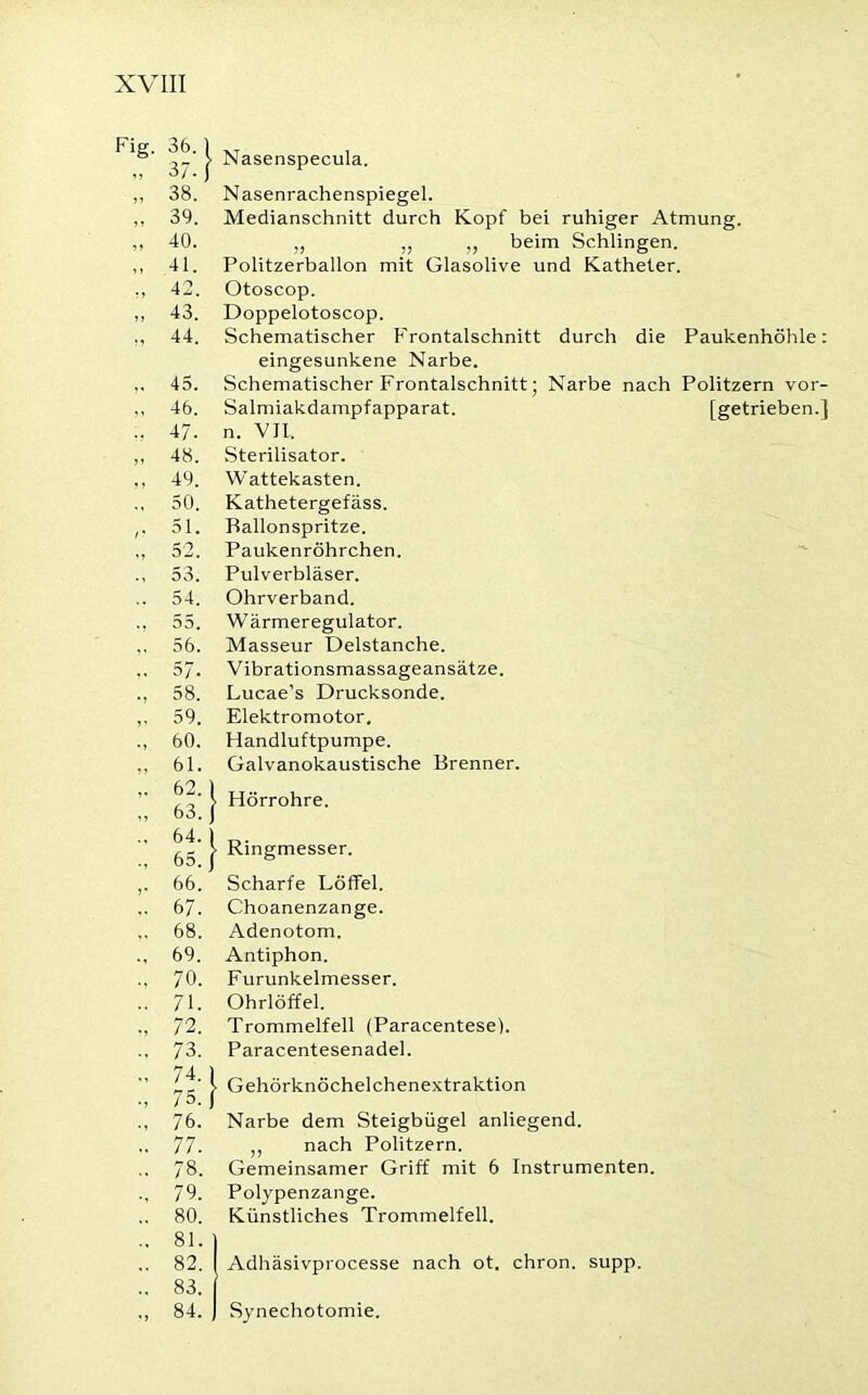 Fig. 36. „ 37. „ 38. „ 39. „ 40. ,, 41. 42. „ 43. 44. 45. „ 46. 47. „ 48. ,, 49. ,, 50. ,. 51. 52. 53. .. 54. 55. ,, 56. ,. 57. ., 58. ,. 59. ., 60. „ 61. Nasenspecula. Nasenrachenspiegel. Medianschnitt durch Kopf bei ruhiger Atmung. „ ,, ,, beim Schlingen. Politzerballon mit Glasolive und Katheter. Otoscop. Doppelotoscop. Schematischer Frontalschnitt durch die Paukenhöhle: eingesunkene Narbe. Schematischer Frontalschnitt; Narbe nach Politzern vor- Salmiakdampfapparat. [getrieben.] n. VII. Sterilisator. Wattekasten. Kathetergefäss. Ballonspritze. Paukenröhrchen. Pulverbläser. Ohrverband. Wärmeregulator. Masseur Delstanche. Vibrationsmassageansätze. Lucae’s Drucksonde. Elektromotor. Handluftpumpe. Galvanokaustische Brenner. 62. 63. 64. 65. 66. 67. 68. 69. 70. 71. 72. 73. 74. 75. 76. 77. 78. 79. 80. 81. 82. 83. 84. | Hörrohre. J. Ringmesser. Scharfe Löffel. Choanenzange. Adenotom. Antiphon. Furunkelmesser. Ohrlöffel. Trommelfell (Paracentese). Paracentesenadel. | Gehörknöchelchenextraktion Narbe dem Steigbügel anliegend. ,, nach Politzern. Gemeinsamer Griff mit 6 Instrumenten. Polypenzange. Künstliches Trommelfell. IAdhäsivprocesse nach ot. chron. supp. Synechotomie.