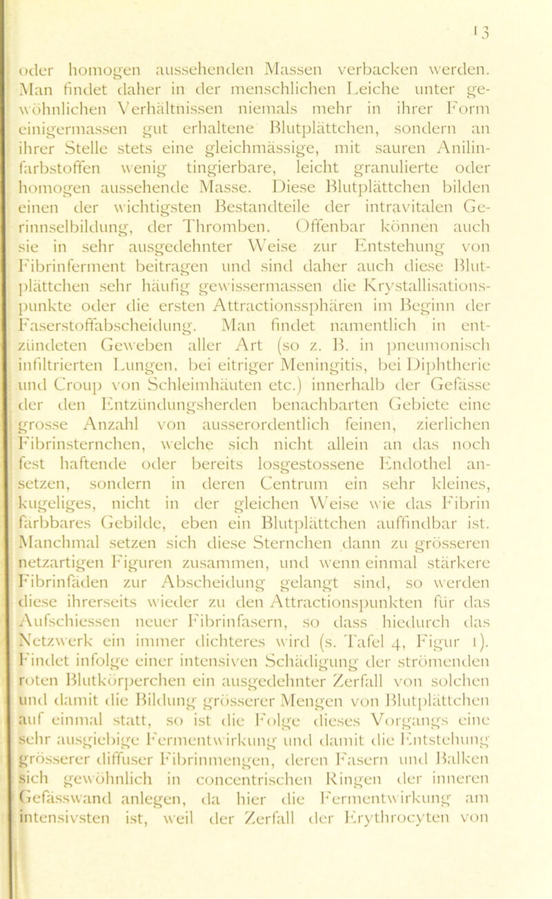 oder homogen aussehenden Massen verbacken werden. Man findet daher in der menschlichen Leiche unter ge- wöhnlichen Verhältnissen niemals mehr in ihrer Form einigermassen gut erhaltene Blutplättchen, sondern an ihrer Stelle stets eine gleichmässige, mit sauren Anilin- farbstofifen wenig tingierbare, leicht granulierte oder homogen aussehende Masse. Diese Blutplättchen bilden einen der wichtigsten Bestandteile der intravitalen Ge- rinnselbildung, der Thromben. Offenbar können auch sie in sehr ausgedehnter Weise zur Entstehung von Fibrinferment beitragen und sind daher auch diese Blut- plättchen sehr häufig gewissermassen die Krystallisations- punkte oder die ersten Attractionssphären im Beginn der Faserstoffabscheidung. Man findet namentlich in ent- zündeten Geweben aller Art (so z. B. in pneumonisch infiltrierten Lungen, bei eitriger Meningitis, bei Diphtherie und Croup von Schleimhäuten etc.) innerhalb der Gefässe der den Entzündungsherden benachbarten Gebiete eine grosse Anzahl von ausserordentlich feinen, zierlichen Fibrinsternchen, welche sich nicht allein an das noch fest haftende oder bereits losgestossene Endothel an- setzen, sondern in deren Centrum ein sehr kleines, kugeliges, nicht in der gleichen Weise wie das Fibrin färbbares Gebilde, eben ein Blutplättchen auffindbar ist. Manchmal setzen sich diese Sternchen dann zu grösseren netzartigen Figuren zusammen, und wenn einmal stärkere Fibrinfäden zur Abscheidung gelangt sind, so werden diese ihrerseits wieder zu den Attractionspunkten für das Aufschiessen neuer Fibrin fasern, so dass hiedurch das Netzwerk ein immer dichteres wird (s. Tafel 4, Figur 1). Findet infolge einer intensiven Schädigung der strömenden roten Blutkörperchen ein ausgedehnter Zerfall von solchen und damit die Bildung grösserer Mengen von Blutplättchen auf einmal statt, so ist die Folge dieses Vorgangs eine sehr ausgiebige Fermentw irkung und damit die Entstehung grösserer diffuser Fibrinmengen, deren Fasern und Balken sich gewöhnlich in concentrischen Ringen der inneren Gefässwand anlegen, da hier die Fermentwirkung am intensivsten ist, weil der Zerfall der Erythrocyten von