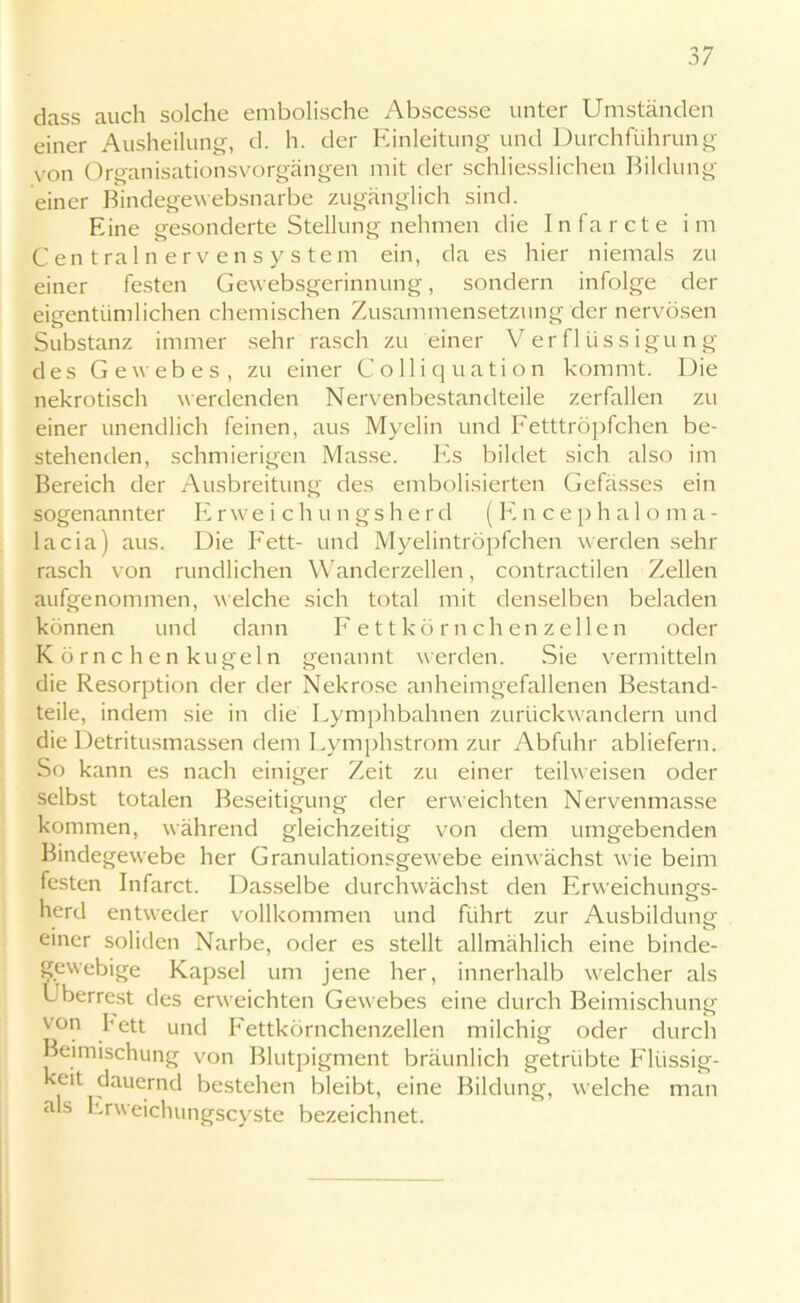 dass auch solche embolische Abscesse unter Umständen einer Ausheilung, d. h. der Einleitung und Durchführung von Organisationsvorgängen mit der schliesslichen Bildung einer Bindegewebsnarbe zugänglich sind. Eine gesonderte Stellung nehmen die Infarcte im Centralnervensystem ein, da es hier niemals zu einer festen Gewebsgerinnung, sondern infolge der eigentümlichen chemischen Zusammensetzung der nervösen Substanz immer sehr rasch zu einer V e r f 1 ü s s igu n g des Gewebes, zu einer Colli quation kommt. Die nekrotisch wertlenden Nervenbestandteile zerfallen zu einer unendlich feinen, aus Myelin und Fetttröpfchen be- stehenden, schmierigen Masse. Es bildet sich also im Bereich der Ausbreitung des embolisierten Gefässes ein sogenannter Erweichungsherd (Encephaloma- lacia) aus. Die Fett- und Myelintröpfchen werden sehr rasch von rundlichen Wanderzellen, contractilen Zellen aufgenommen, welche sich total mit denselben beladen können und dann Fett körnchenzellen oder K ö rnc h en kugeln genannt werden. Sie vermitteln die Resorption der der Nekrose anheimgefallenen Bestand- teile, indem sie in die Lymphbahnen zurückwandern und die Detritusmassen dem Lymphstrom zur Abfuhr abliefern. So kann es nach einiger Zeit zu einer teilweisen oder selbst totalen Beseitigung der erweichten Nervenmasse kommen, während gleichzeitig von dem umgebenden Bindegewebe her Granulationsgew'ebe einwächst wie beim festen Infarct. Dasselbe durchwächst den Erweichungs- herd entweder vollkommen und führt zur Ausbildung einer soliden Narbe, oder es stellt allmählich eine binde- gewebige Kapsel um jene her, innerhalb welcher als Überrest des erweichten Gewebes eine durch Beimischunp' von l*ett und Fettkörnchenzellen milchig oder durch Beimischung von Blutpigment bräunlich getrübte Flüssig- keit dauernd bestehen bleibt, eine Bildung, welche man als Erweichungscyste bezeichnet.