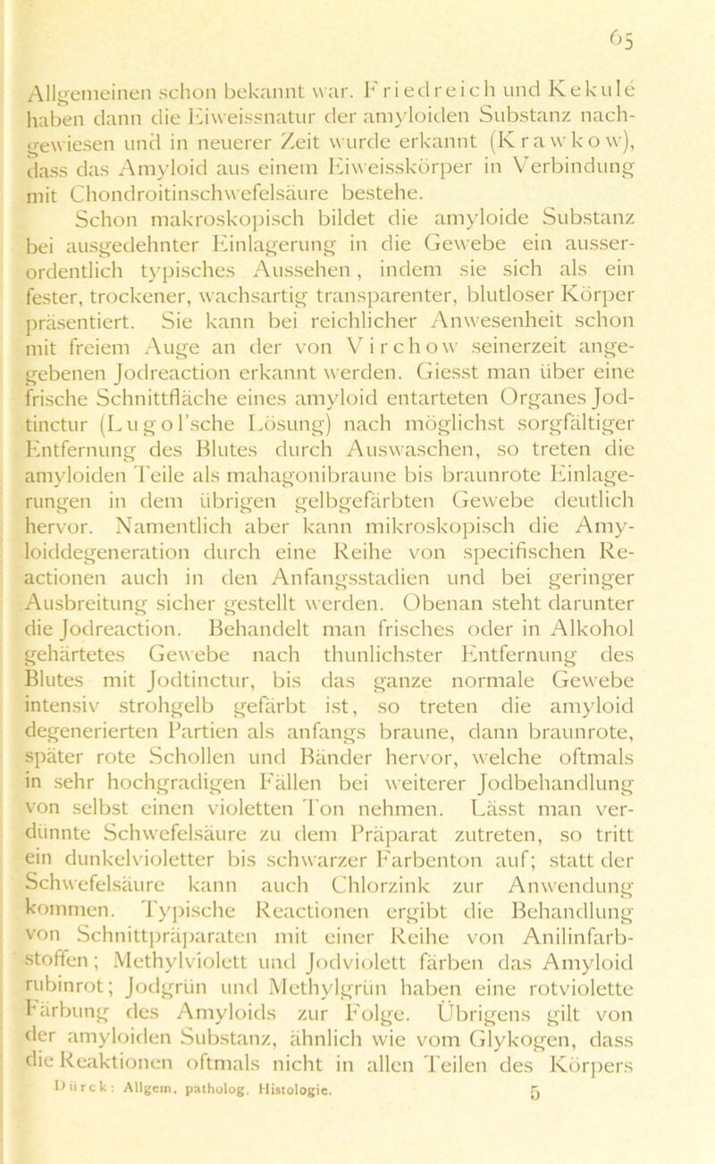 Allgemeinen schon bekannt war. Fried reich und Ke k ule haben dann die Eiweissnatur der amyloiden Substanz nach- gewiesen und in neuerer Zeit wurde erkannt (Krawkow), dass das Amyloid aus einem Eiweisskörper in Verbindung mit Chondroitinschwefelsäure bestehe. Schon makroskopisch bildet die amyloide Substanz bei ausgedehnter Einlagerung in die Gewebe ein ausser- ordentlich typisches Aussehen, indem sie sich als ein fester, trockener, wachsartig transparenter, blutloser Körper präsentiert. Sie kann bei reichlicher Anwesenheit schon mit freiem Auge an der von Virchow seinerzeit ange- gebenen Jodreaction erkannt werden. Giesst man über eine frische Schnittfläche eines amyloid entarteten Organes Jod- tinctur (Lugol’sche Lösung) nach möglichst sorgfältiger Entfernung des Blutes durch Auswaschen, so treten die amyloiden 'Feile als mahagonibraune bis braunrote Einlage- rungen in dem übrigen gelbgefärbten Gewebe deutlich hervor. Namentlich aber kann mikroskopisch die Amy- loiddegeneration durch eine Reihe von specifischen Re- actionen auch in den Anfangsstadien und bei geringer Ausbreitung sicher gestellt werden. Obenan steht darunter die Jodreaction. Behandelt man frisches oder in Alkohol gehärtetes Gewebe nach thunlichster Entfernung des Blutes mit Jodtinctur, bis das ganze normale Gewebe intensiv strohgelb gefärbt ist, so treten die amyloid degenerierten Partien als anfangs braune, dann braunrote, später rote Schollen und Bänder hervor, welche oftmals in sehr hochgradigen Fällen bei weiterer Jodbehandlung von selbst einen violetten Ton nehmen. Lässt man ver- dünnte Schwefelsäure zu dem Präparat zutreten, so tritt ein dunkelvioletter bis schwarzer Farbenton auf; statt der Schwefelsäure kann auch Chlorzink zur Anwendung kommen. Typische Reactionen ergibt die Behandlung von Schnittpräparaten mit einer Reihe von Anilinfarb- stoffen; Methylviolett und Jodviolett färben das Amyloid rubinrot; Jodgrün und Methylgrün haben eine rotviolette Färbung des Amyloids zur Folge. Übrigens gilt von der amyloiden Substanz, ähnlich wie vom Glykogen, dass die Reaktionen oftmals nicht in allen Teilen des Körpers Uürck: AUgcin. paiholog. Histologie. 5