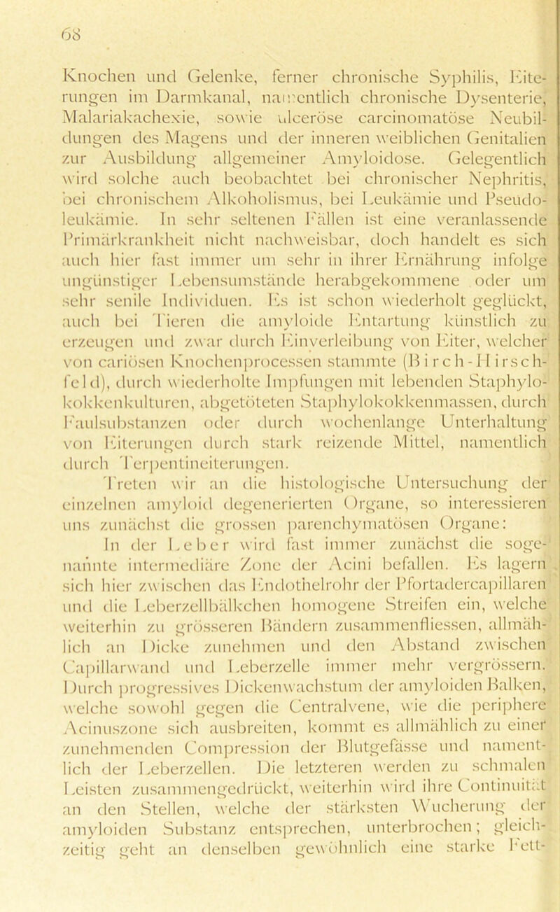 Knochen und Gelenke, ferner chronische Syphilis, Kite- rungen im Darmkanal, namentlich chronische Dysenterie, Malariakachexie, sowie nlceröse carcinomatöse Neubil- dungen des Magens und der inneren weiblichen Genitalien zur Ausbildung allgemeiner Amyloidose. Gelegentlich wird solche auch beobachtet bei chronischer Nephritis, bei chronischem Alkoholismus, bei Leukämie und Pseudo- leukämie. In sehr seltenen Fällen ist eine veranlassende Primärkrankheit nicht nachweisbar, doch handelt es sich auch hier fast immer um sehr in ihrer Ernährung infolge ungünstiger Lebensumstände herabgekommene oder um sehr senile Individuen. Es ist schon wiederholt geglückt, auch bei Pieren die amyloide Entartung künstlich zu erzeugen und zwar durch Einverleibung von Eiter, welcher von cariösen Knochenprocessen stammte (Birch-H irsch- fei d), durch wiederholte Impfungen mit lebenden Staphylo1 kokkenkulturen, abgetöteten Staphylokokkenmassen, durch Faulsubstanzen oder durch wochenlange Unterhaltung von Eiterungen durch stark reizende Mittel, namentlich durch Terpentineiterungen. Preten wir an die histologische Untersuchung der einzelnen amyloid degenerierten Organe, so interessieren uns zunächst die grossen parenchymatösen Organe: In der Leber wird fast immer zunächst die söge- ; nannte intermediäre Zone der Aeini befallen. Es lagern | sich hier zwischen das Endothelrohr der Pfortadercapillaren und die Leberzellbälkchen homogene Streifen ein, welche weiterhin zu grösseren Bändern zusammen fl i essen, allmäh- lich an Dicke zunehmen und den Abstand zwischen Capillarwand und Leberzelle immer mehr vergrössern. Durch progressives Dickenwachstum der amyloiden Balken, welche sowohl gegen die Centralvene, wie die periphere Acinuszone sich ausbreiten, kommt es allmählich zu einet zunehmenden Compression der Blutgefässe und nament- lich der Leberzellen. Die letzteren werden zu schmalen Leisten zusammengedrückt, weiterhin wird ihre Continuitat an den Stellen, welche der stärksten Wucherung der. amyloiden Substanz entsprechen, unterbrochen; gleich- zeitig geht an denselben gewöhnlich eine starke Putt-