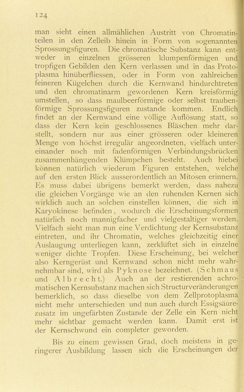 man sieht einen allmählichen Austritt von Chromatin- teilen in den Zelleib hinein in Form von sogenannten Sprossungsfiguren. Die chromatische Substanz kann ent- weder in einzelnen grösseren klumpenförmigen und tropfigen Gebilden den Kern verlassen und in das Proto- plasma hinüberfliessen, oder in Form von zahlreichen feineren Kügelchen durch die Kernwand hindurchtreten und den chromatinarm gewordenen Kern kreisförmig umstellen, so dass maulbeerförmige oder selbst trauben- förmige Sprossungsfiguren zustande kommen. Endlich ' findet an der Kernwand eine völlige Auflösung statt, so dass der Kern kein geschlossenes Bläschen mehr dar- stellt, sondern nur aus einer grösseren oder kleineren Menge von höchst irregulär angeordneten, vielfach unter- einander noch mit fadenförmigen Verbindungsbrücken ; zusammenhängenden Klümpchen besteht. Auch hiebei | können natürlich wiederum Figuren entstehen, welche ] auf den ersten Blick ausserordentlich an Mitosen erinnern. Es muss dabei übrigens bemerkt werden, dass nahezu die gleichen Vorgänge wie an den ruhenden Kernen sich wirklich auch an solchen einstellen können, die sich in Karyokinese befinden, wodurch die Erscheinungsformen natürlich noch mannigfacher und vielgestaltiger werden. Vielfach sieht man nun eine Verdichtung der Kernsubstanz eintreten, und ihr Chromatin, welches gleichzeitig einer Auslaugung unterliegen kann, zerklüftet sich in einzelne weniger dichte Tropfen. Diese Erscheinung, bei welcher also Kerngerüst und Kernwand schon nicht mehr wahr- nehmbar sind, wird als Pyknose bezeichnet. (Schmaus und Albrech t.) Auch an der restierenden achro- • matischen Kernsubstanz machen sich Structurveränderungen bemerklich, so dass dieselbe von dem Zellprotoplasma nicht mehr unterschieden und nun auch durch Essigsäure- zusatz im ungefärbten Zustande der Zelle ein Kern nicht mehr sichtbar gemacht werden kann. Damit erst ist der Kernschwund ein completer geworden. Bis zu einem gewissen Grad, doch meistens in ge- ringerer Ausbildung lassen sich die Erscheinungen der