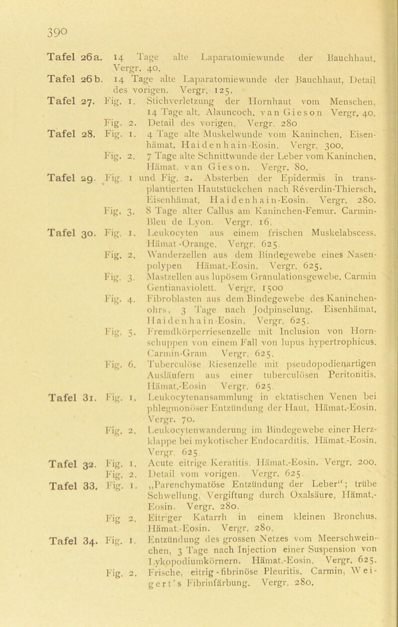 Tafel Tafel 26 a. 26 b. Vergr. Tafel 27. Fig. I. Fig. 2. Tafel 28. Fig. I. Fig. 2. Tafel 29 .Fig. I Fig. 3* Tafel 30. Fig. I. Fig. 0 Fig. 3- Fig. 4. Fig. 5. Fig- 6. Tafel 3i. Fig. 1. Fig. 2. Tafel 32. Fig. 1. Fig. 2 Tafel 33. Fig. I. Fig 2 Tafel 34. Fig. 1. Fig. 2. Tage alte Laparatomiewunde der Bauchhaut. 40. 14 Tage alte Laparatomiewunde der Bauchhaut, Detail des vorigen. Vergr. 125. Stichverletzung der Hornhaut vom Menschen, 14 Tage alt. Alauncoch. van Gieson Vergr. 40. Detail des vorigen. Vergr. 280 4 Tage alte Muskelwunde vom Kaninchen. Eisen- häinat. Haidenhain-Eosin. Vergr. 300. 7 Tage alte Schnittwunde der Leber vom Kaninchen. Hämat. van Gieson. Vergr. So. und Fig. 2. Absterben der Epidermis in trans- plantierten Hautstückchen nach Reverdin-Thiersch. Eisenhämat. H aidenhain -Eosin. Vergr. 280. 8 Tage alter Callus am Kaninchen-Femur. Carmin- Bleu de Lyon. Vergr. 16. Leukocyten aus einem frischen Muskelabscess. Hämat-Orange. Vergr. 625. Wanderzellen aus dem Bindegewebe eines Nasen- polypen Hämat.-Eosin. Vergr. 625. Mastzellen aus lupösem Granulationsgewebe. Carmin Gentianaviolett. Vergr. 1500 Fibroblasten aus dem Bindegewebe des Kaninchen ohrs, 3 Tage nach Jodpinselung. Eisenhämat Hai de n hain-Eosin. Vergr. 625. Fremdkörperriesenzelle mit Inclusion von Horn schuppen von einem Fall von lttpus hypertrophicus Carmin-Grain Vergr. 625. Tuberculöse Riesenzelle mit pseudopodienartigen Ausläufern aus einer tuberculösen Peritonitis Hämat.-Eosin Vergr. 625. Leukocytenansammlung in ektatisclien Venen be phlegmonöser Entzündung der Haut, Hämat.-Eosin Vergr. 70. LeukocylenWanderung im Bindegewebe einer Herz klappe bei mykotischer Endocarditis. Hämat.-Eosin Vergr, 625 Acute eitrige Keratitis. Hämat.-Eosin. Vergr. 200, Detail vom vorigen. Vergr. 625 „Parenchymatöse Entzündung der Leber“; trübe Schwellung, Vergiftung durch Oxalsäure, Hämat Eosin. Vergr. 280. Eitriger Katarrh in einem kleinen Bronchus Hämat.-Eosin. Vergr. 280. Entzündung des grossen Netzes vom Meerschwein- chen, 3 Tage nach Injection einer Suspension von Lykopodiumkörnern. Hämat.-Eosin. Vergr. 625. Frische, eitrig - fibrinöse Pleuritis. Carmin, Wei- gert's Fibrinfärbung. Vergr. 280.