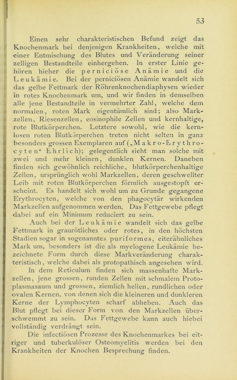 Einen sehr charakteristischen Befund zeigt das Knochenmark bei denjenigen Krankheiten, welche mit einer Entmischung des Blutes und Veränderung seiner zelligen Bestandteile einhergehen. In erster Linie ge- hören hieher die perniciöse Anämie und die Leukämie. Bei der perniciösen Anämie wandelt sich das gelbe Fettmark der Röhrenknochendiaphysen wieder in rotes Knochenmark um, und wir finden in demselben alle jene Bestandteile in vermehrter Zahl, welche dem normalen, roten Mark eigentümlich sind; also Mark- zellen, Riesenzellen, eosinophile Zellen und kernhaltige, rote Blutkörperchen. Letztere sowohl, wie die kern- losen roten Blutkörperchen treten nicht selten in ganz besonders grossen Exemplaren auf („Makro-Erythro- cyten“ Ehrlich); gelegentlich sieht man solche mit zwei und mehr kleinen, dunklen Kernen. Daneben finden sich gewöhnlich reichliche, blutkörperchenhaltige Zellen, ursprünglich wohl Markzellen, deren geschwellter Leib mit roten Blutkörperchen förmlich ausgestopft er- scheint. Es handelt sich wohl um zu Grunde gegangene Erythrocyten, welche von den phagocytär wirkenden Markzellen aufgenommen werden. Das Fettgewebe pHegt dabei auf ein Minimum reduciert zu sein. Auch bei der Leukämie wandelt sich das selbe I'ettmark in graurötliches oder rotes, in den höchsten Stadien sogar in sogenanntes puriformes, eiterähnliches Mark um, besonders ist die als myelogene Leukämie be- zeichnete Form durch diese Markveränderung charak- teristisch , welche dabei als protopathisch angesehen wird. In dem Reticulum finden sich massenhafte Mark- zellen, jene grossen, runden Zellen mit schmalem Proto- plasmasaum und grossen, ziemlich hellen, rundlichen oder ovalen Kernen, von denen sich die kleineren und dunkleren Kerne der Lymphocyten scharf abheben. Auch das Blut pflegt bei dieser Form von den Markzellen über- schwemmt zu sein. Das Fettgewebe kann auch hiebei vollständig verdrängt sein. Die infectiösen Prozesse des Knochenmarkes bei eit- riger und tuberkulöser Osteomyelitis werden bei den Krankheiten der Knochen Besprechung finden.