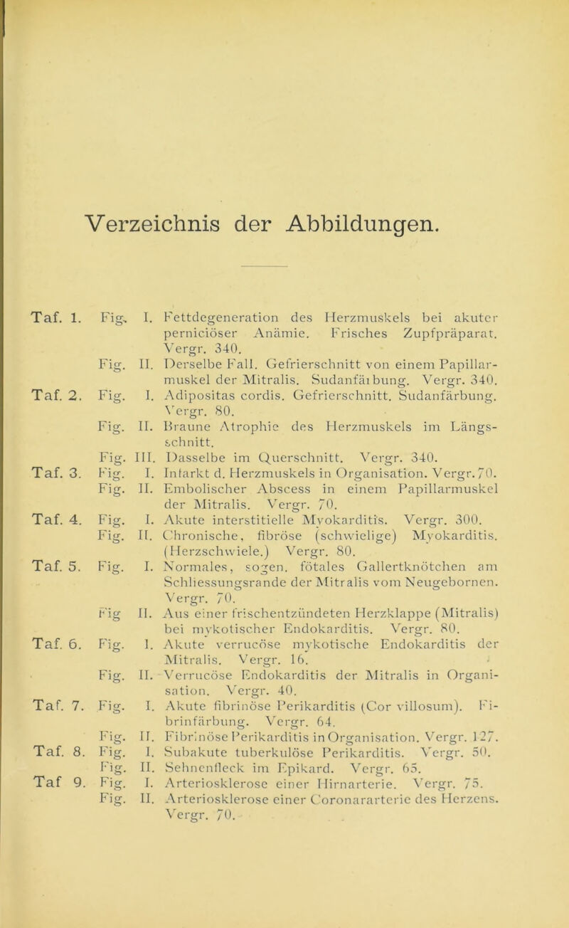 Verzeichnis der Abbildungen. Taf. 1. Fig, I. Fig. 11. Taf. 2. Fig. 1. Fig. II. Fig. III. Taf. 3. big. I. Fig. 11. Taf. 4. Fig. I. Fig. 11. Taf. 5. Fig. I. Fig II. Taf. 6. Fig. 1. Fig. II. Taf. 7. Fig. I. Fig. 11. Taf. 8. Fig. I. Fig. II. Taf 9. h ig. I. Fig. II. Fettdegeneration des Herzmuskels bei akuter perniciöser Anämie. Frisches Zupfpräparat. \'ergr. 340. Derselbe Fall. Gefrierschnitt von einem Papillar- muskel der INIitralis. Sudanfäi bring. V'ergr. 340. Adipositas cordis. Gefrierschnitt. Sudanfärbung. \'ergr. 80. Hraune Atrophie des Herzmuskels im Längs- schnitt. Dasselbe im Querschnitt. Vergr. 340. Inlarkt d. Herzmuskels in Organisation. Vergr.70. Embolischer Abscess in einem Papillarmuskel der Mitralis. Vergr. “0. Akute interstitielle Myokarditis. Vergr. 300. tihronische, fibröse (schwielige) Myokarditis. (Herzschwiele.) Vergr. 80. Normales, sogen, fötales Gallertknötchen am Schliessungsrande der Mitralis vom Neugebornen. ^'ergr. 70. Aus einer frischentzündeten Herzklappe (Mitralis) bei mykotischer Endokarditis. \^ergr. 80. Akute verrucöse mykotische Endokarditis der Mitralis. Vergr. 16. Verrucöse Endokarditis der IMitralis in Organi- sation. V'ergr. 40. Akute fibrinöse Perikarditis (Cor villosum). I'i- brinfärbung. Vergr. 64. Fibrinöse i’erikarditis in Organisation. Vergr. 127. Subakutc tuberkulöse Perikarditis. Vergr. 50. Sehnenlleck im Epikard. Vergr. 65. .Arteriosklerose einer Hirnarterie. A'ergr. 7ö. Arteriosklerose einer Goronararterie des Herzens. A'ergr. 70.