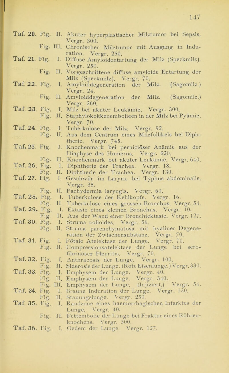 Taf. 20. Fig. Fig. Taf. 21. Fig. Fig. Taf. 22. Fig. Fig. Taf. 23. Fig. Fig. Taf. 24. Fig. Fig. Taf. 25. Fig. Fig. Taf. 26. Fig. Fig. Taf. 27. Fig. Fig. Taf. 28. Fig. Fig. Taf. 29. Fig. Fig. Taf. 30. Fig. Fig. Taf. 31. Fig. Fig. Taf. 32. Fig. Taf. 33. Fig. Fig. fig. Taf. 34. Fig. Fig. Taf. 35. Fig. Fig. Taf. 36. Fig. II. Akuter hvperplastischer Milztumor bei Sepsis. Vergr. 300. III. Clironischer Milztumor mit Ausgang in Indu- ration. Vergr. 250. I. Diffuse Amyloidentartung der Milz (Speckmilz). Vergr. 250. II. Vorgeschrittene diffuse amyloide Entartung der Alilz (Speckmilz). Vergr. 70. I. Amyloiddegeneration der Milz. (Sagomilz.) Vergr. 24. II. Amyloiddegeneration der Milz. (Sagomilz.) Vergr. 260. I. Milz bei akuter Leukämie. Vergr. 300. II. Staphylokokkenembolieen in der Milz bei Prämie. Vergr. 70. I. Tuberkulose der l\Iilz. Vergr. 92. II. Aus dem Centrum eines Milzfollikels bei Diph- therie. Vergr. 745. I. Knochenmark bei perniciöser Anämie aus der Diaphyse des Humerus. Vergr. 520. II. Knochenmark bei akuter Leukämie. Vergr. 640. I. Diphtherie der Trachea. Vergr. 18. II. Diphtherie der Trachea. Vergr. 130. I. Geschwür im Larynx bei Typhus abdominalis. \'ergr. 35. II. Pachydermia laryngis. Vergr. 60. I. Tuberkulose des Kehlkopfs. Vergr. 16. II. Tuberkulose eines grossen Bronchus. Vergr. 54. I. Ektasie eines kleinen Bronchus. Vergr. 10. II. Aus der Wand einer Bronchiektasie. Vergr. 127. I. Struma colloides. Vergr. 56. 11. Struma parenchymatosa mit hyaliner Degene- ration der Zwischensubstanz. Vergr. 70. I. Fötale Atelektase der Lunge. \ergr. 70. II. Compressionsatelektase der Lunge bei sero- fibrinöser Pleuritis. Vergr. 70. I. Anfhracosis der Lunge. \'ergr. 100. II. Siderosis der Lunge. (RoteEisenlunge.) Vergr. 330. 1. Emphysem der Lunge. Vergr. 40. II. Emphysem der f>unge. Wrgr. 340. III. Emphysem der Lunge. (Injiziert.) ^’’ergr. 54. I. Braune Induration der Lunge. \'ergr. 130. II. Stauungslunge. Vergr. 250. I. Randzone eines haemorrhagischen Infarktes der Lunge. V'ergr. 40. II. Fettembolie der Lunge bei Fraktur eines Röhren- knochens. \’ergr. 300. I. Ocdem der Lunge. Vergr. 127.