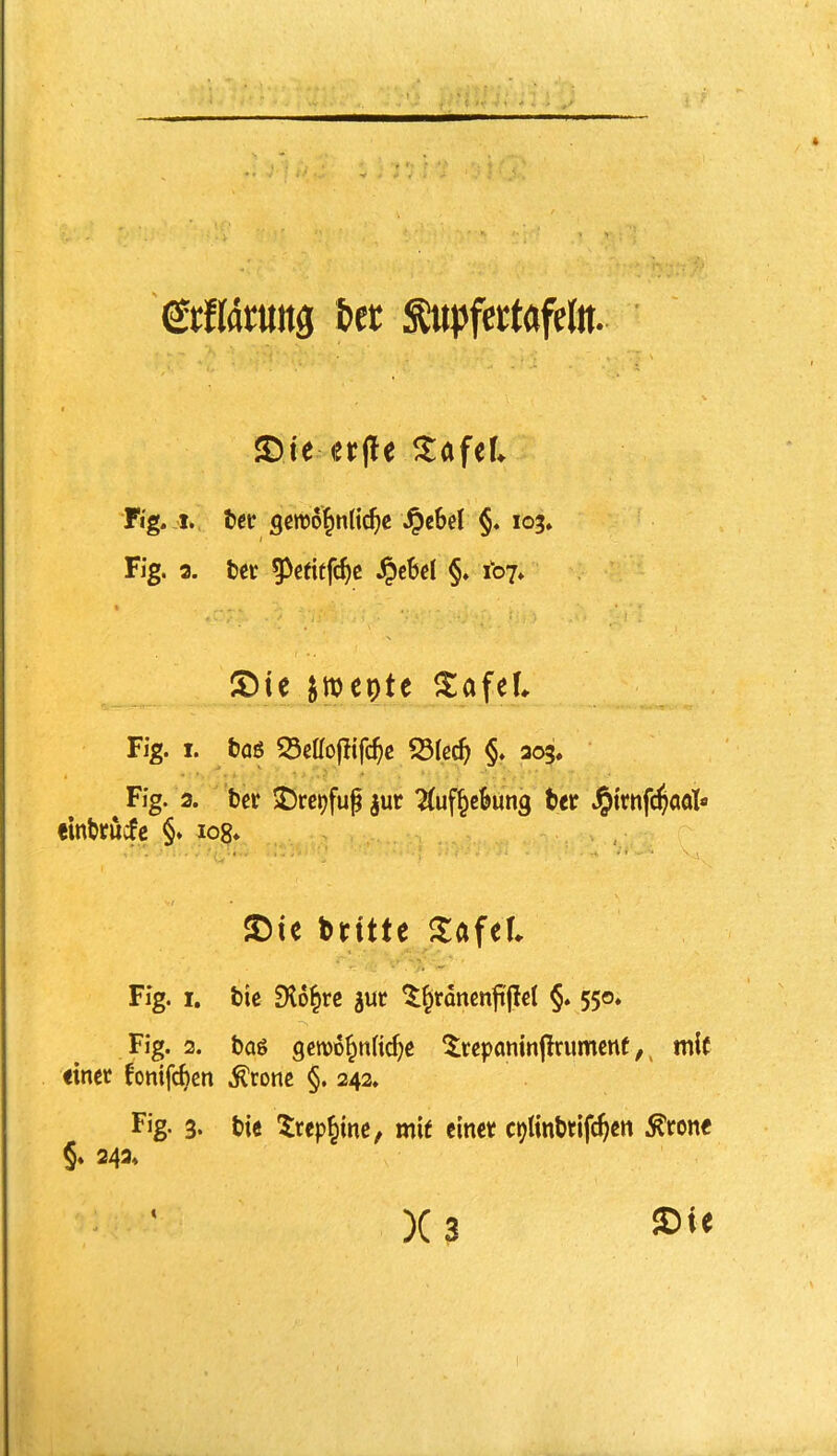 €rtldt;tt«3 feet ^upfertafeln. ’ I JDie «r(le ^lafeL Fig. I., tct gcnjo^ntic^e ^c6el §. 103* Fig. 2. feet 5^efitfc^c .^cSel §♦ ib7* \ JDte jttjepte ^^afeL Fig. I. t>Q6 S3eIfo|Iifc^c 23iec^ §♦ 203, Fig. 2. bcr J)rc»)fu^ jur ^(uf^cfeung bet §trnf($aal« einbtucfc §. log* , JDie btitte JlafeL Fig. I. tie Dlo^rc ^ut ^§rdnenfijlel §. 550* Fig. 2. bag gewD^nfic^e ^^repaninflrumcnt,, mi( einet fontfcbcn ^rone §, 242. Fig. 3* bie 5;rep§{ne^ mi( einet ci^Iinbtifc^en ^rone §. 242* <