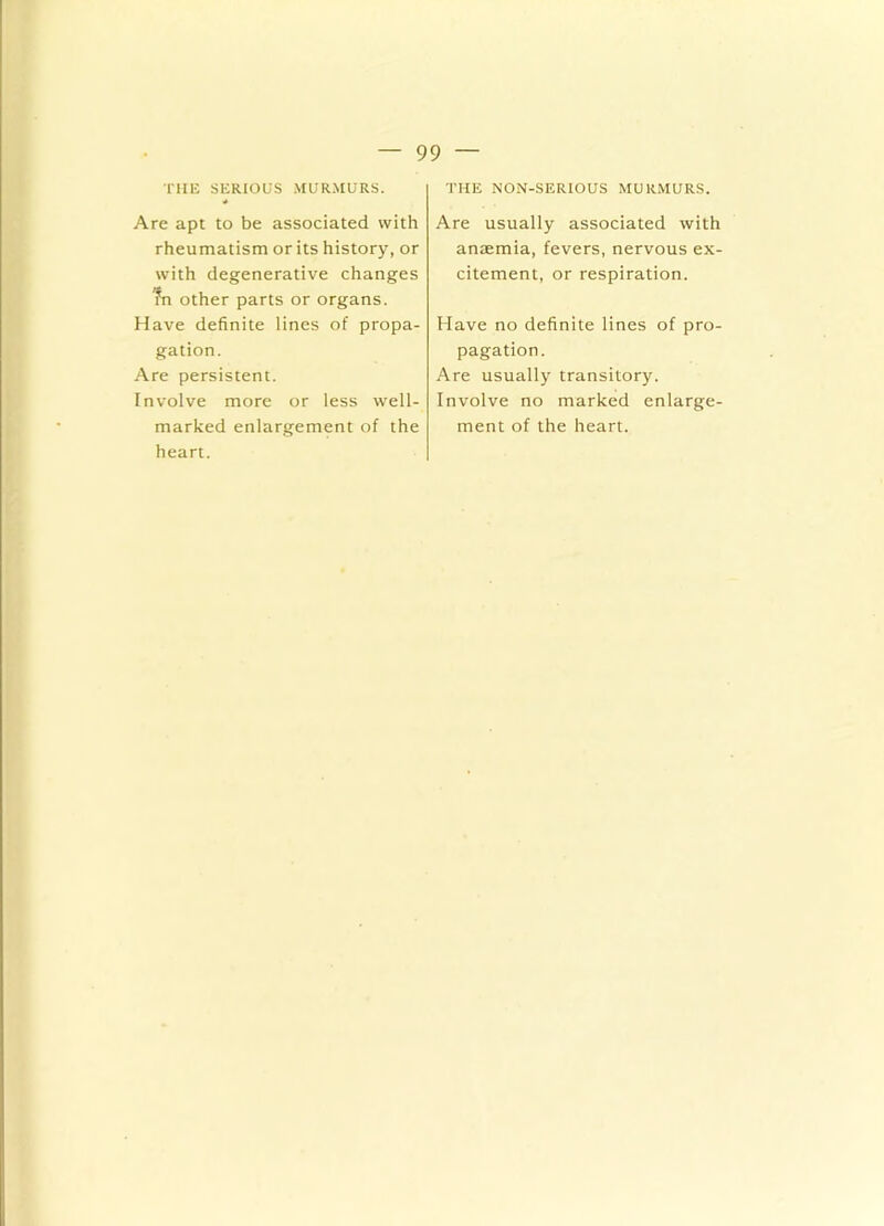 THE SERIOUS MURMURS. * Are apt to be associated with rheumatism or its history, or with degenerative changes ?n other parts or organs. Have definite lines of propa- gation. Are persistent. Involve more or less well- marked enlargement of the heart. THE NON-SERIOUS MURMURS. Are usually associated with antemia, fevers, nervous ex- citement, or respiration. Have no definite lines of pro- pagation. Are usually transitory. Involve no marked enlarge- ment of the heart.