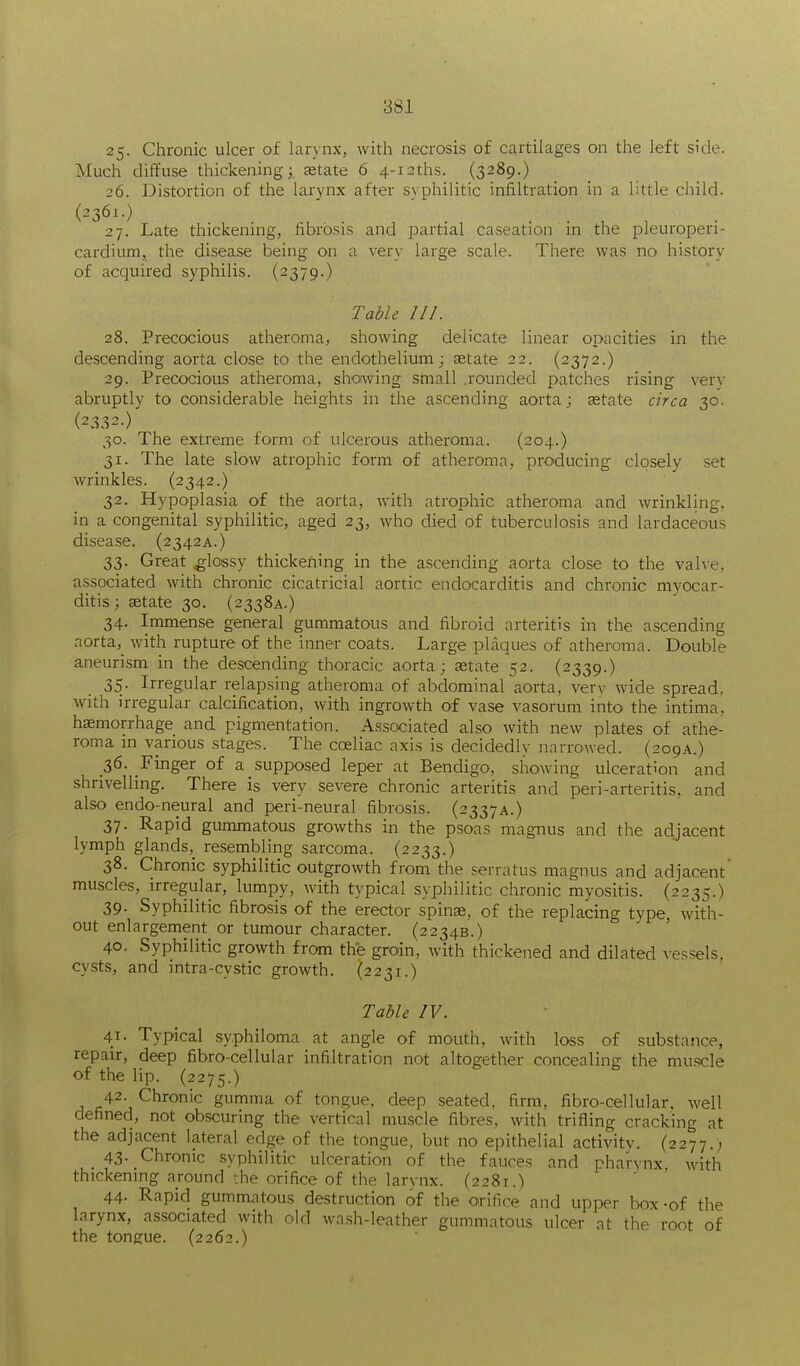 25. Chronic ulcer of larynx, with necrosis of cartilages on the left side. Much diffuse thickening;, aetate 6 4-i2ths. (3289.) 26. Distortion of the larynx after syphilitic infiltration in a little child. (2361.) 27. Late thickening, fibrosis and partial caseation in the pleuroperi- cardium, the disease being on a very large scale. There was no history of acquired syphilis. (2379.) Table 111. 28. Precocious atheroma, showing delicate linear opacities in the descending aorta close to the endothelium; £Etate 22. (2372.) 29. Precocious atheroma, showing small .rounded patches rising verv abruptly to considerable heights in the ascending aorta; eetate circa 30. (2332.) 30. The extreme form of ulcerous atheroma. (204.) 31. The late slow atrophic form of atheroma, producing closely set wrinkles. (2342.) 32. Hypoplasia of the aorta, with atrophic atheroma and wrinkling, in a congenital syphilitic, aged 23, who died of tuberculosis and lardaceous disease. (2342A.) 33. Great .glossy thickening in the ascending aorta close to the vahe. associated with chronic cicatricial aortic endocarditis and chronic myocar- ditis; setate 30. (2338.4.) 34. Immense general gummatous and fibroid arteritis in the ascending aorta, with rupture of the inner coats. Large plaques of atheroma. Double aneurism in the descending thoracic aorta; astate 52. (2339.) 35. Irregular relapsing atheroma of abdominal aorta, verv wide spread, with irregular calcification, with ingrowth of vase vasorum into the intima. hsemorrhage and pigmentation. Associated also with new plates of athe- roma in various stages. The coeliac axis is decidedlv narrowed. (209A.) 36. Finger of a supposed leper at Bendigo, showing ulceration and shrivelling. There is very severe chronic arteritis and peri-arteritis, and also endo-neural and peri-neural fibrosis. (2337A.) 37. Rapid gummatous growths in the psoas magnus and the adjacent lymph glands,_ resembling sarcoma. (2233.) 38. Chronic syphilitic outgrowth from the serratus magnus and adjacent' muscles, irregular, lumpy, with typical syphilitic chronic myositis. (2235.) 39. Syphilitic fibrosis of the erector spinae. of the replacing type, with- out enlargement or tumour character. (2234B.) 40. Syphilitic growth from the groin, with thickened and dilated A-essels, cysts, and intra-cy.stic growth. (2231.) Table IV. 41. Typical syphiloma at angle of mouth, with loss of substance, repair, deep fibro-cellular infiltration not altogether concealing the mu.scle of the lip. (2275.) 42. Chronic gumma of tongue, deep seated, firm, fibro-cellular, well defined, not obscuring the vertical muscle fibres, with trifling cracking at the adjacent lateral edge of the tongue, but no epithelial activitv. (2277.) 43- Chronic syphilitic ulceration of the fauces and pharvnx with thickening around the orifice of the larvnx. (2281.') 44. Rapid gummatous destruction of the orifice and upper lx)x -of the larynx, associated with old wash-leather gummatous ulcer at the root of the tongue. (2262.)