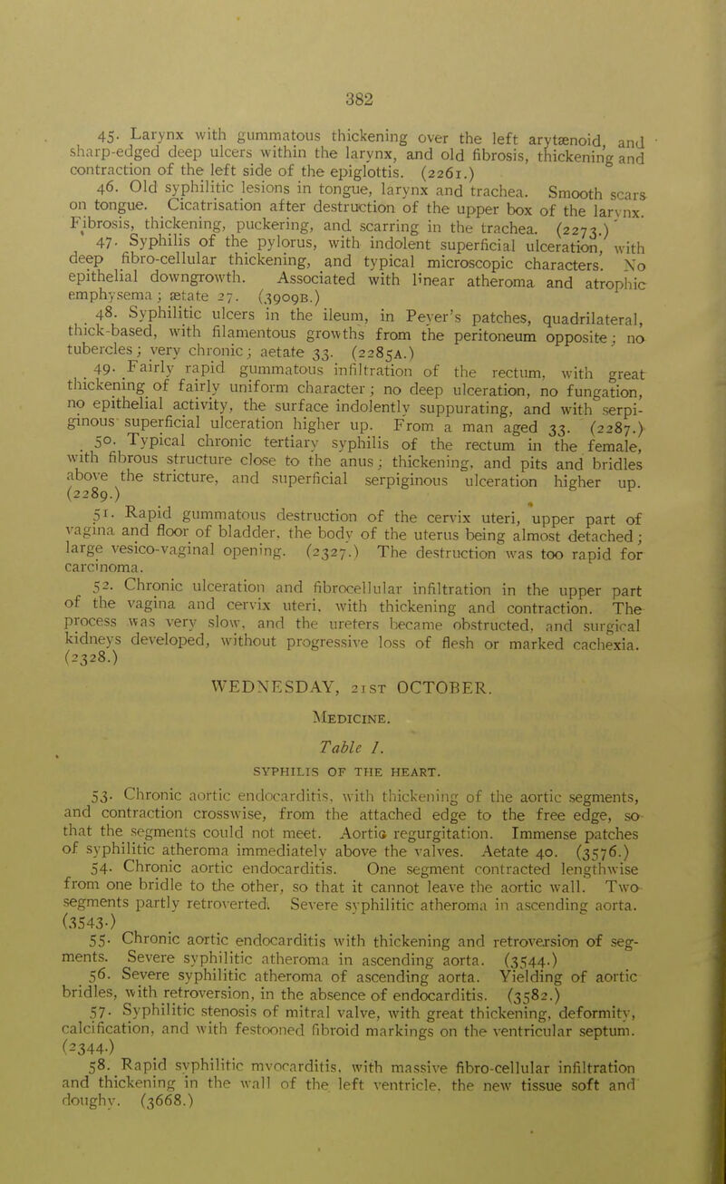 45- Larynx with gummatous thickening over the left arytenoid and sharp-edged deep ulcers within the larynx, and old fibrosis, thickening and contraction of the left side of the epiglottis. (2261.) 46. Old syphilitic lesions in tongue, larynx and trachea. Smooth scars on tongue. Cicatrisation after destruction of the upper box of the lar\nx Fibrosis, thickening, puckering, and scarring in the trachea. (2273.)' 47. Syphilis of the pylorus, with indolent superficial ulcerationj with deep fibro-cellular thickening, and typical microscopic characters' No epithelial downgrowth. Associated with linear atheroma and atrophic emphy.sema; astate 27. (3909B.) 48. Syphilitic ulcers in the ileum, in Peyer's patches, quadrilateral, thick-based, with filamentous growths from the peritoneum opposite; no tubercles; very chronic; aetate 33. (2285A.) 49. Fairly rapid gummatous infiltration of the rectum, with great thickening of fairly uniform character; no deep ulceration, no fungation, no epithelial activity, the surface indolently suppurating, and with serpi- ginous- superficial ulceration higher up. From a man aged 33. (2287.) 50. Typical chronic tertiary syphilis of the rectum in the female, with fibrous structure close to the anus; thickening, and pits and bridles above the stricture, and superficial serpiginous ulceration higher up. (2289.) px. Rapid gummatous destruction of the cer\ax uteri, upper part of vagina and floor of bladder, the bodv of the uterus being almost detached; large vesico-vaginal opening. (2327.) The destruction was too rapid for carcinoma. 52. Chronic ulceration and fibrocellular infiltration in the upper part of the vagina and cervix uteri, with thickening and contraction. The process was very slow, and the ureters became obstructed, and surgical kidneys developed, without progressive loss of flesh or marked cachexia. (2328.) WEDNESDAY, 21ST OCTOBER. Medicine. Table I. SYPHILIS OF THE HEART. 53. Chronic aortic endocarditis, with thickening of the aortic segments, and contraction crosswise, from the attached edge to the free edge, so- that the segments could not meet. Aortia regurgitation. Immense patches of syphilitic atheroma immediately above the valves. Aetate 40. (3576.) 54. Chronic aortic endocarditis. One segment contracted lengthwise from one bridle to the other, so that it cannot leave the aortic wall. Two segments partly retiwertedi Severe svphilitic atheroma in ascending aorta. (3543-) 55. Chronic aortic endocarditis with thickening and retroversion of seg- ments. Severe syphilitic atheroma in ascending aorta. (3544-) ^ 56. Severe syphilitic atheroma of ascending aorta. Yielding of aortic bridles, with retroversion, in the absence of endocarditis. (3582.) 57. Syphilitic stenosis of mitral valve, with great thickening, deformity, calcification, and with festooned fibroid markings on the ventricular septum. (2344-) 58. Rapid svphilitic myocarditis, with massive fibro-cellular infiltration and thickening in the wall of the left ventricle, the new tissue soft and doughy. (3668.)